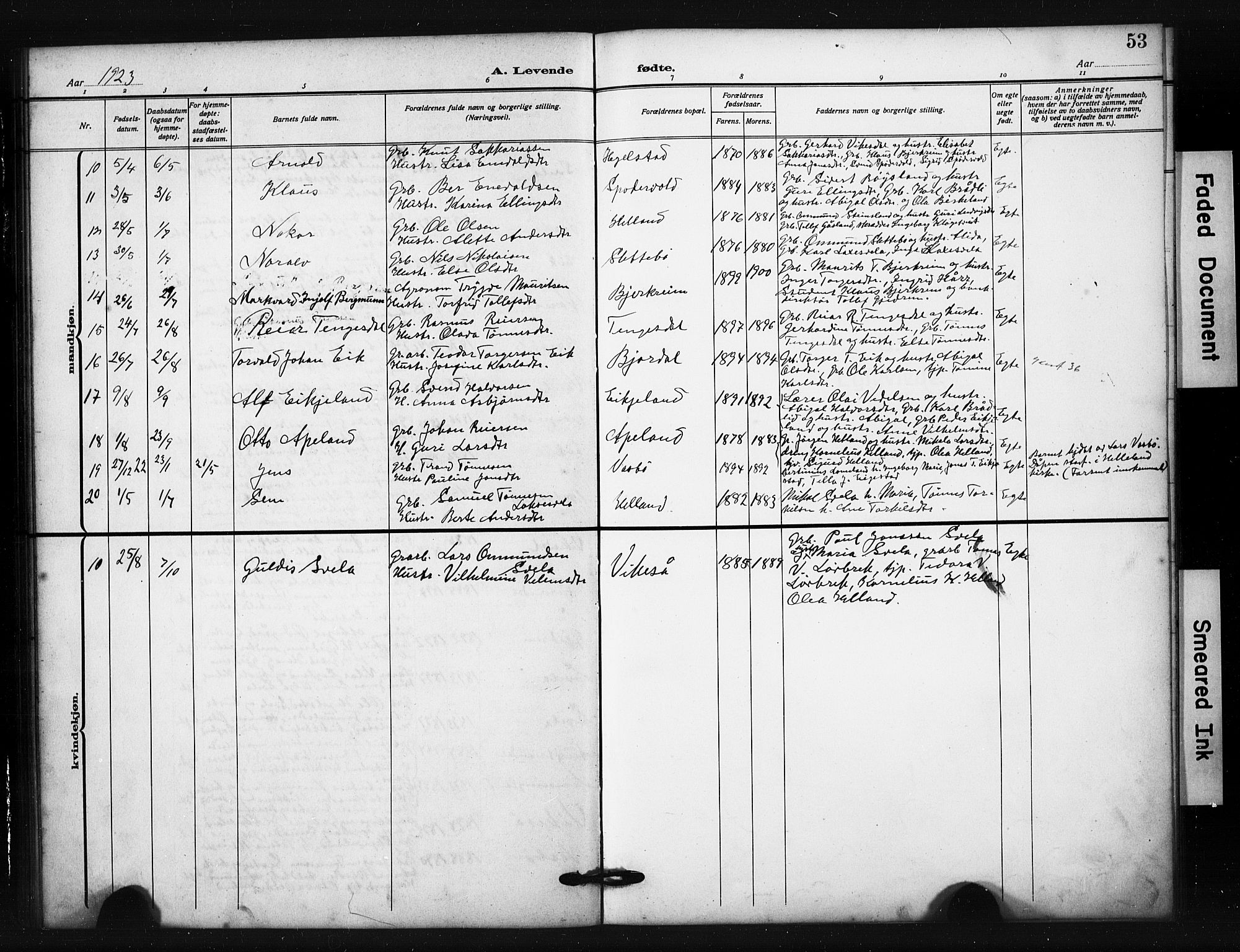 Helleland sokneprestkontor, AV/SAST-A-101810: Klokkerbok nr. B 6, 1909-1923, s. 53