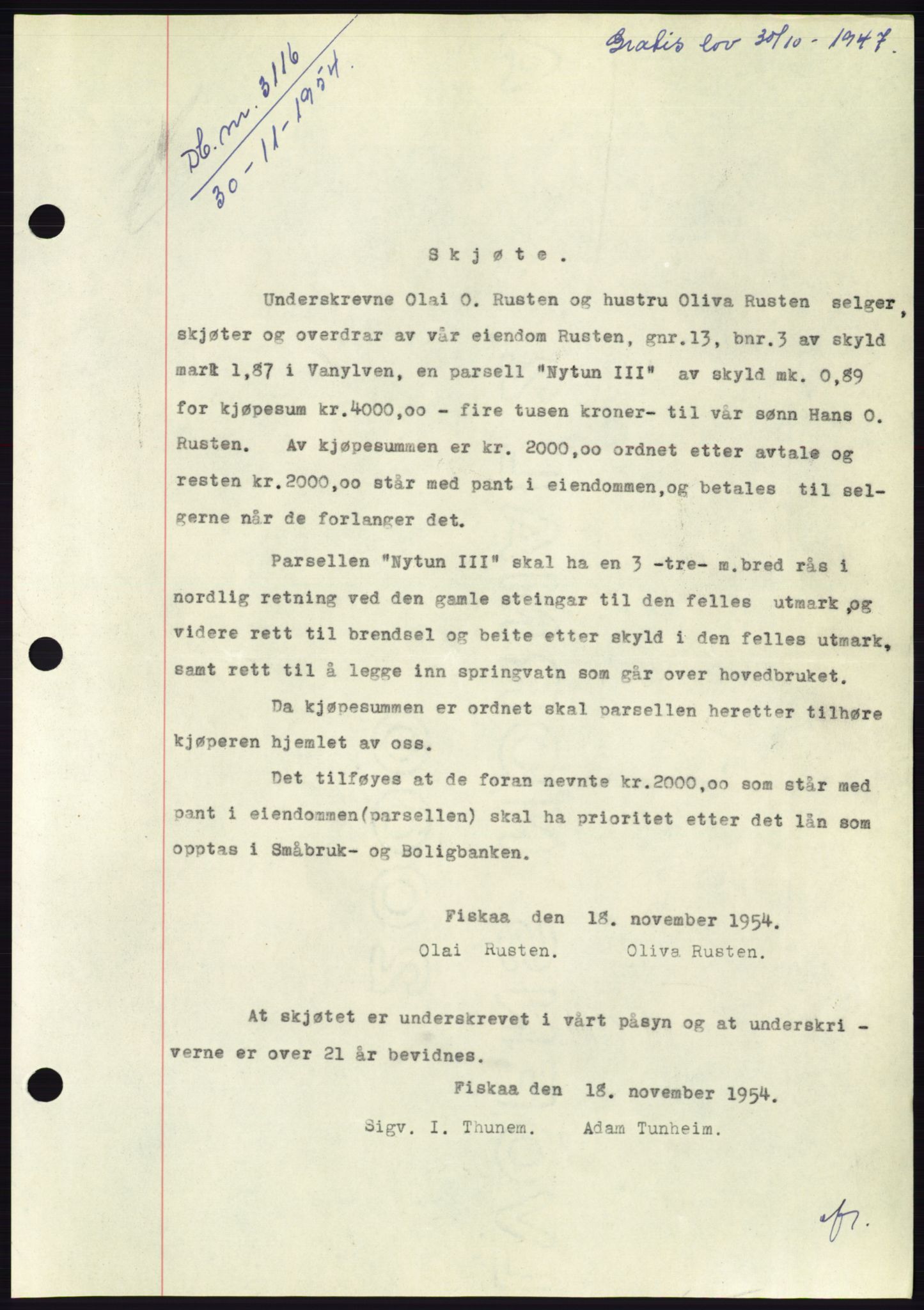 Søre Sunnmøre sorenskriveri, AV/SAT-A-4122/1/2/2C/L0099: Pantebok nr. 25A, 1954-1954, Dagboknr: 3116/1954