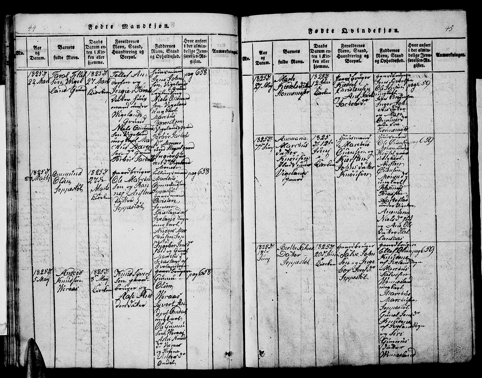 Vennesla sokneprestkontor, AV/SAK-1111-0045/Fb/Fbb/L0001: Klokkerbok nr. B 1, 1820-1834, s. 44-45