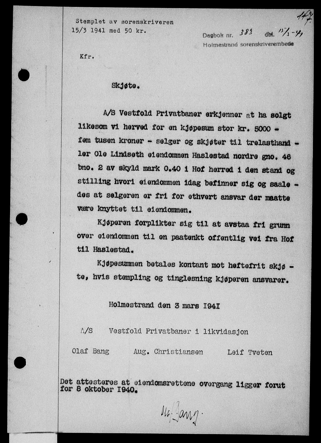 Holmestrand sorenskriveri, SAKO/A-67/G/Ga/Gaa/L0053: Pantebok nr. A-53, 1941-1941, Dagboknr: 383/1941