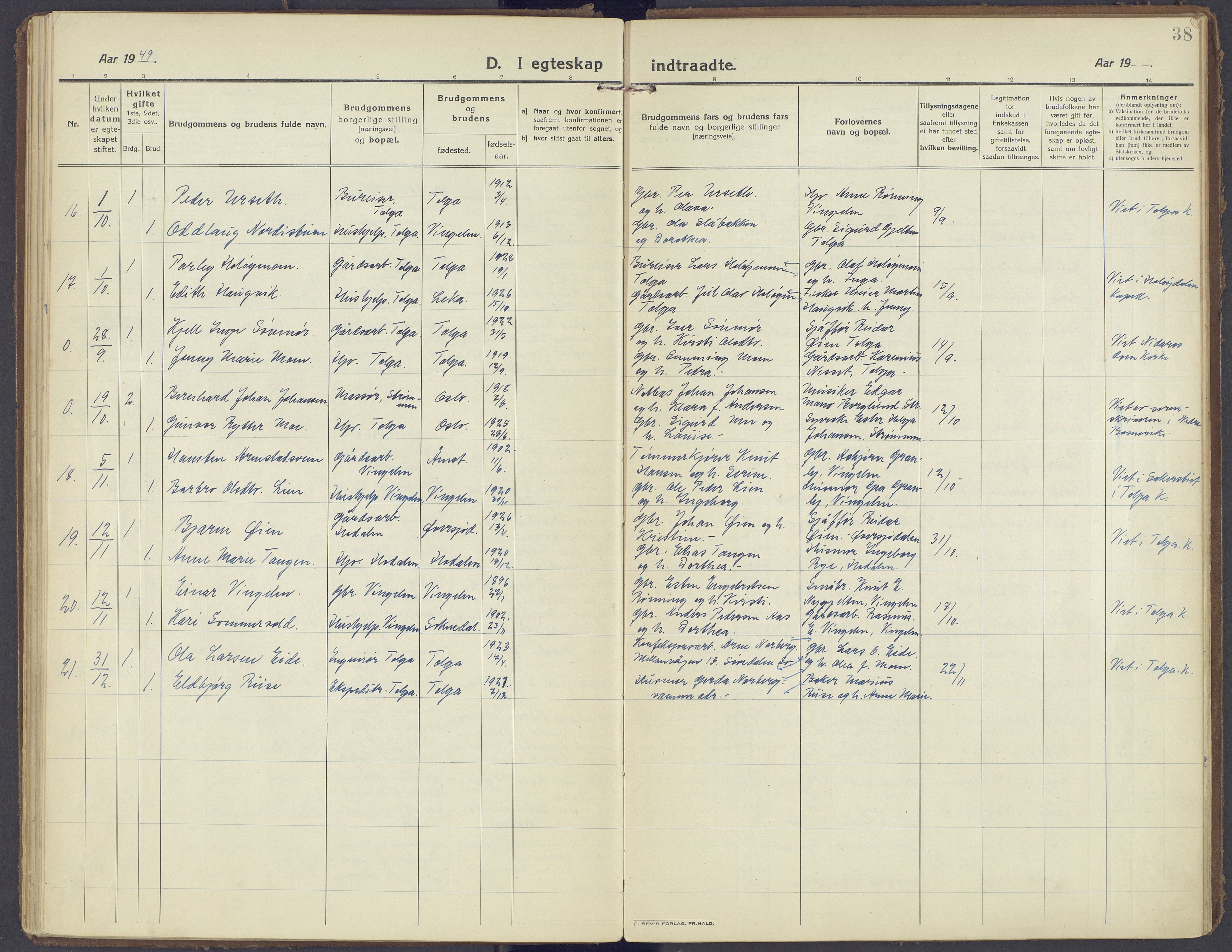 Tolga prestekontor, AV/SAH-PREST-062/K/L0019: Ministerialbok nr. 19, 1921-1974, s. 38