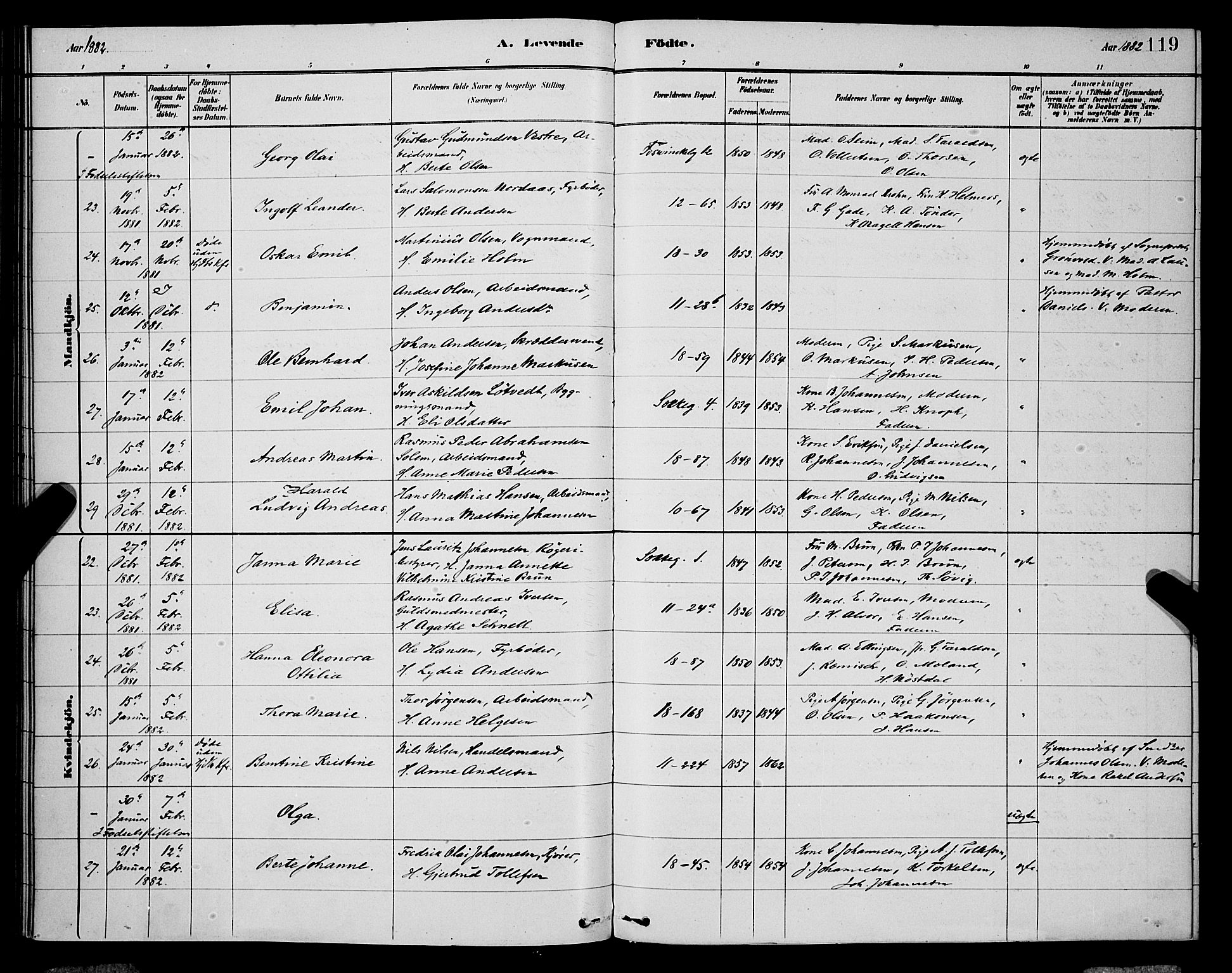 Domkirken sokneprestembete, AV/SAB-A-74801/H/Hab/L0015: Klokkerbok nr. B 8, 1879-1887, s. 119