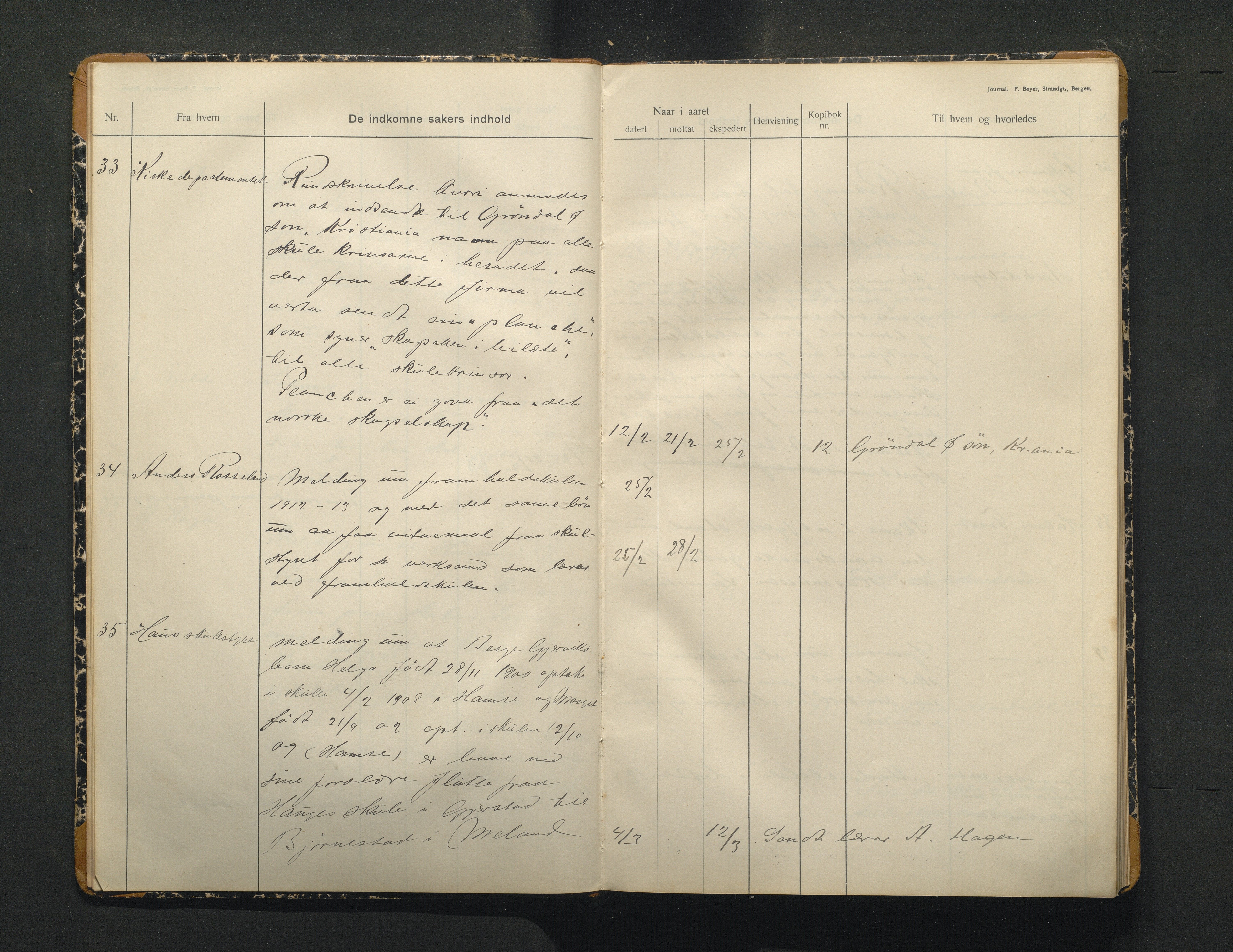 Alversund kommune. Skulestyret, IKAH/1257-211/C/Ca/L0003: Brevjournal for Alversund skulestyre, 1913-1915