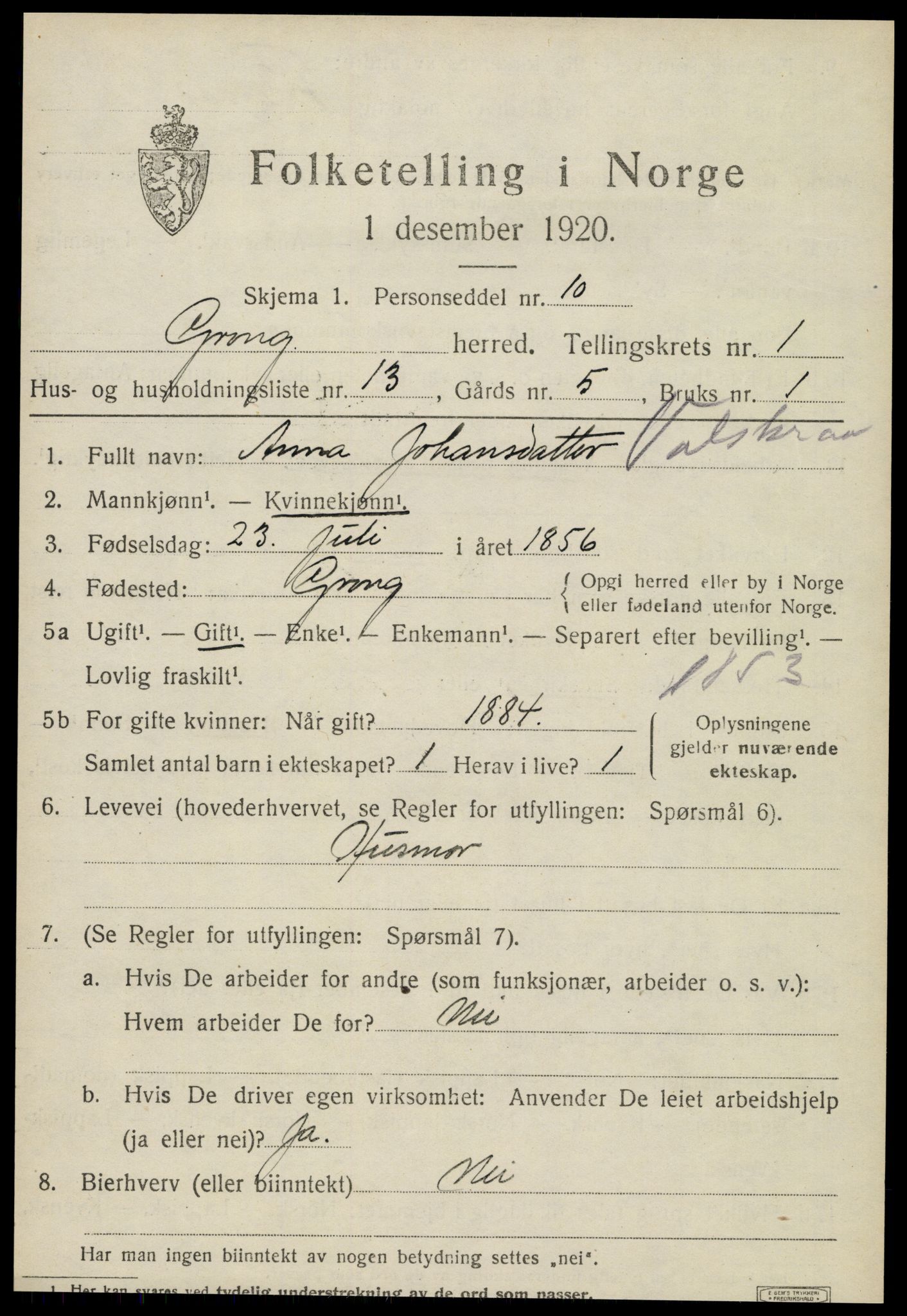 SAT, Folketelling 1920 for 1742 Grong herred, 1920, s. 1185