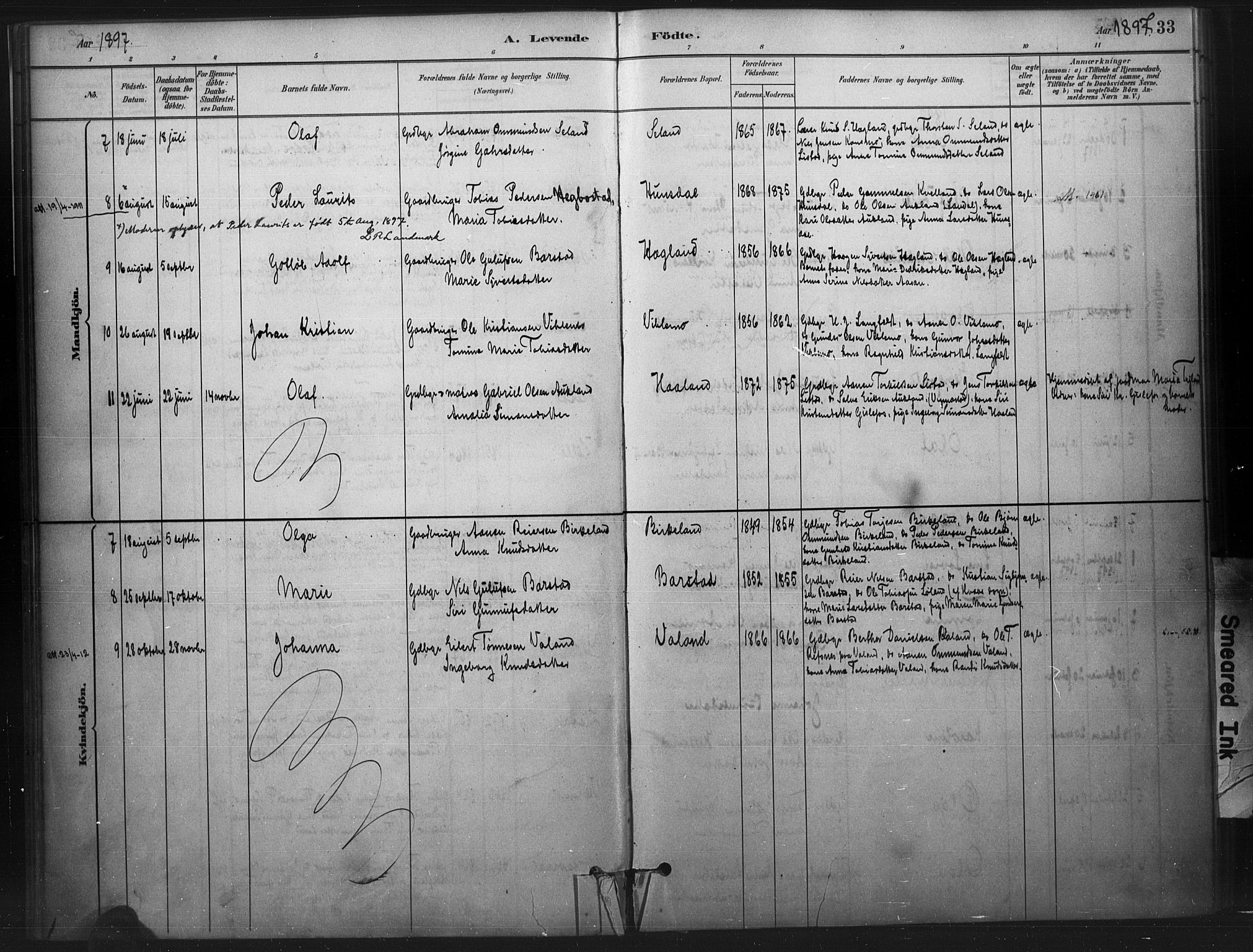 Nord-Audnedal sokneprestkontor, AV/SAK-1111-0032/F/Fa/Faa/L0003: Ministerialbok nr. A 3, 1882-1900, s. 33