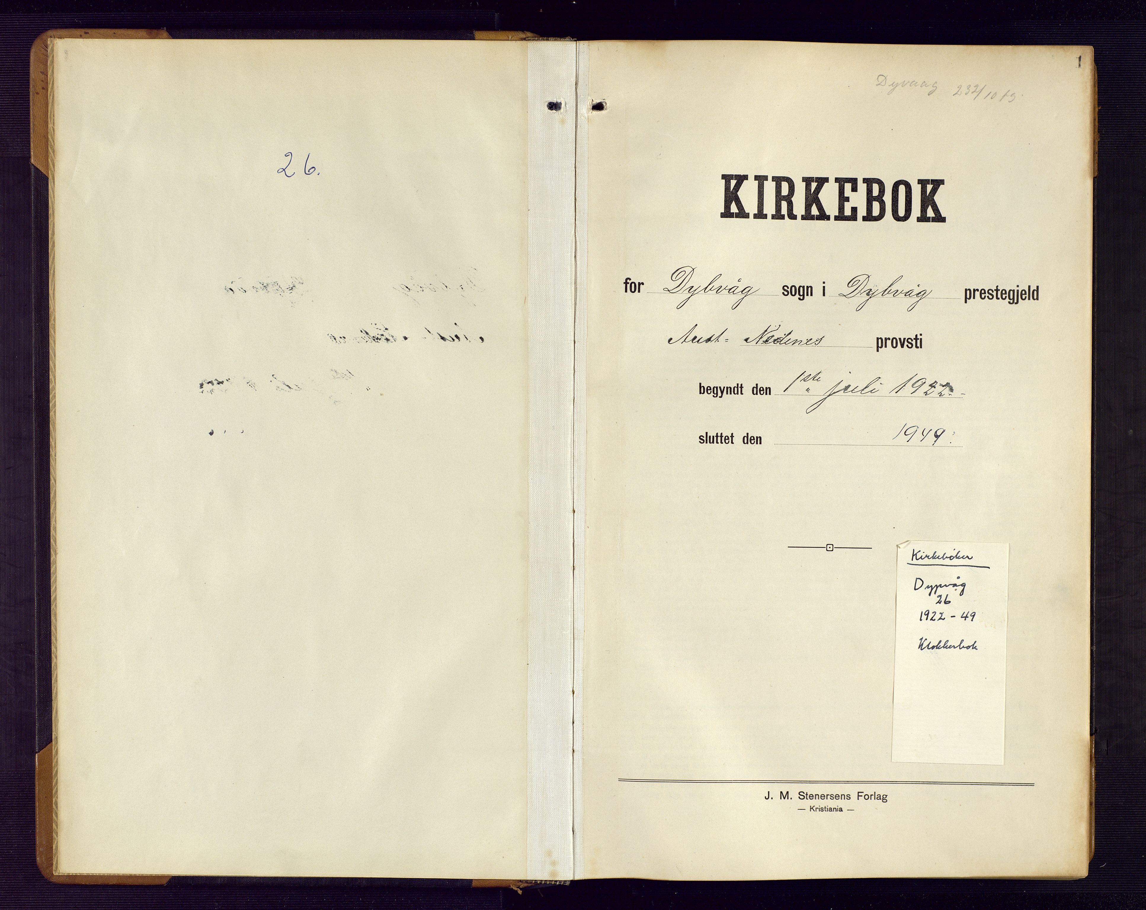 Dypvåg sokneprestkontor, SAK/1111-0007/F/Fb/Fba/L0015: Klokkerbok nr. B 15, 1922-1949, s. 1