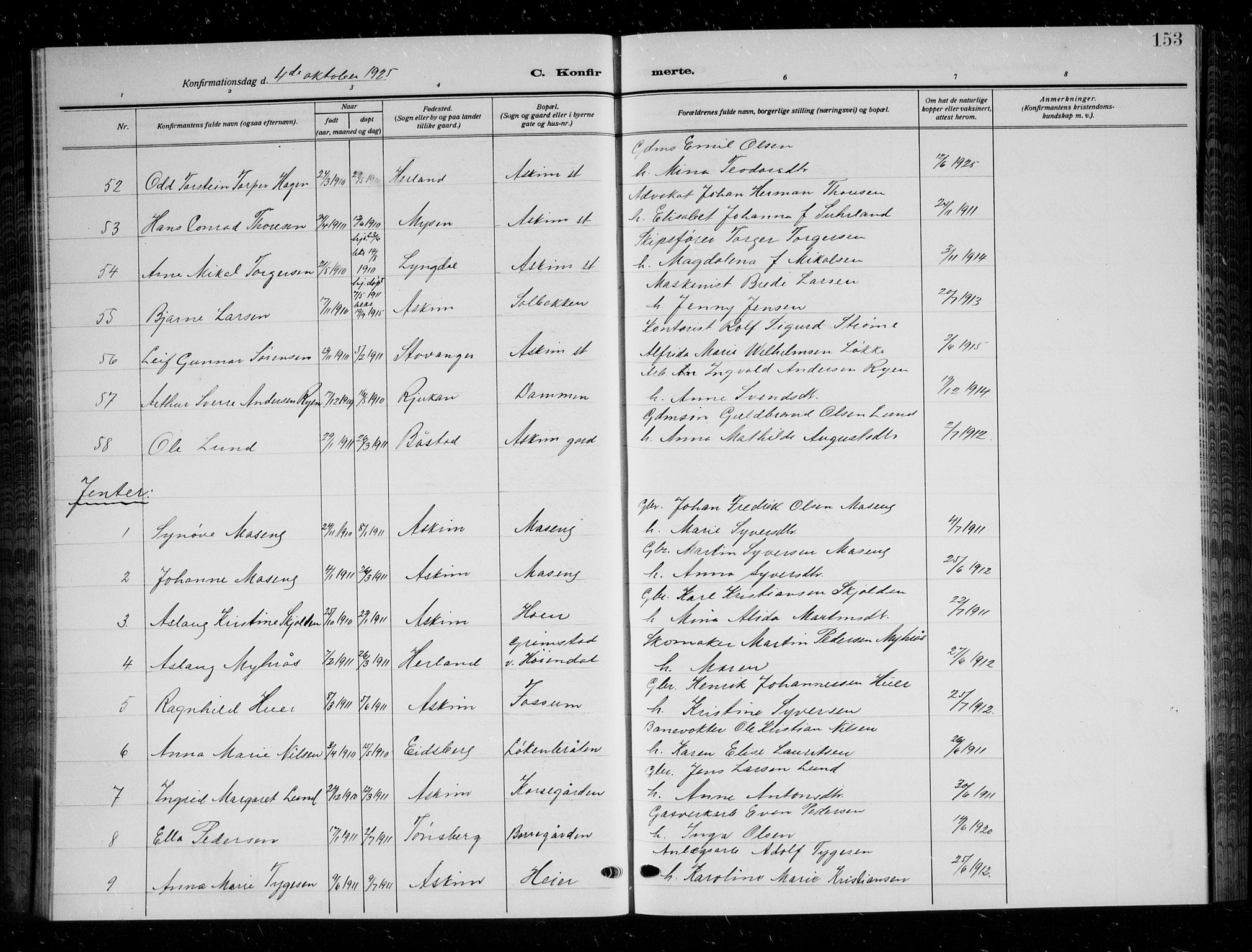 Askim prestekontor Kirkebøker, AV/SAO-A-10900/G/Ga/L0003: Klokkerbok nr. 3, 1921-1937, s. 153