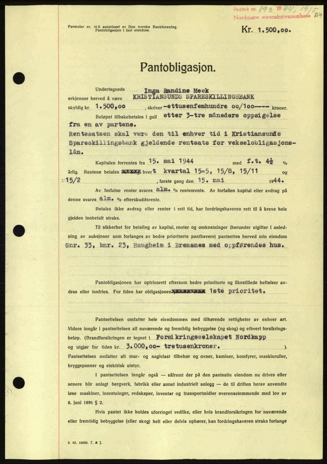 Nordmøre sorenskriveri, AV/SAT-A-4132/1/2/2Ca: Pantebok nr. B91, 1943-1944, Dagboknr: 892/1944