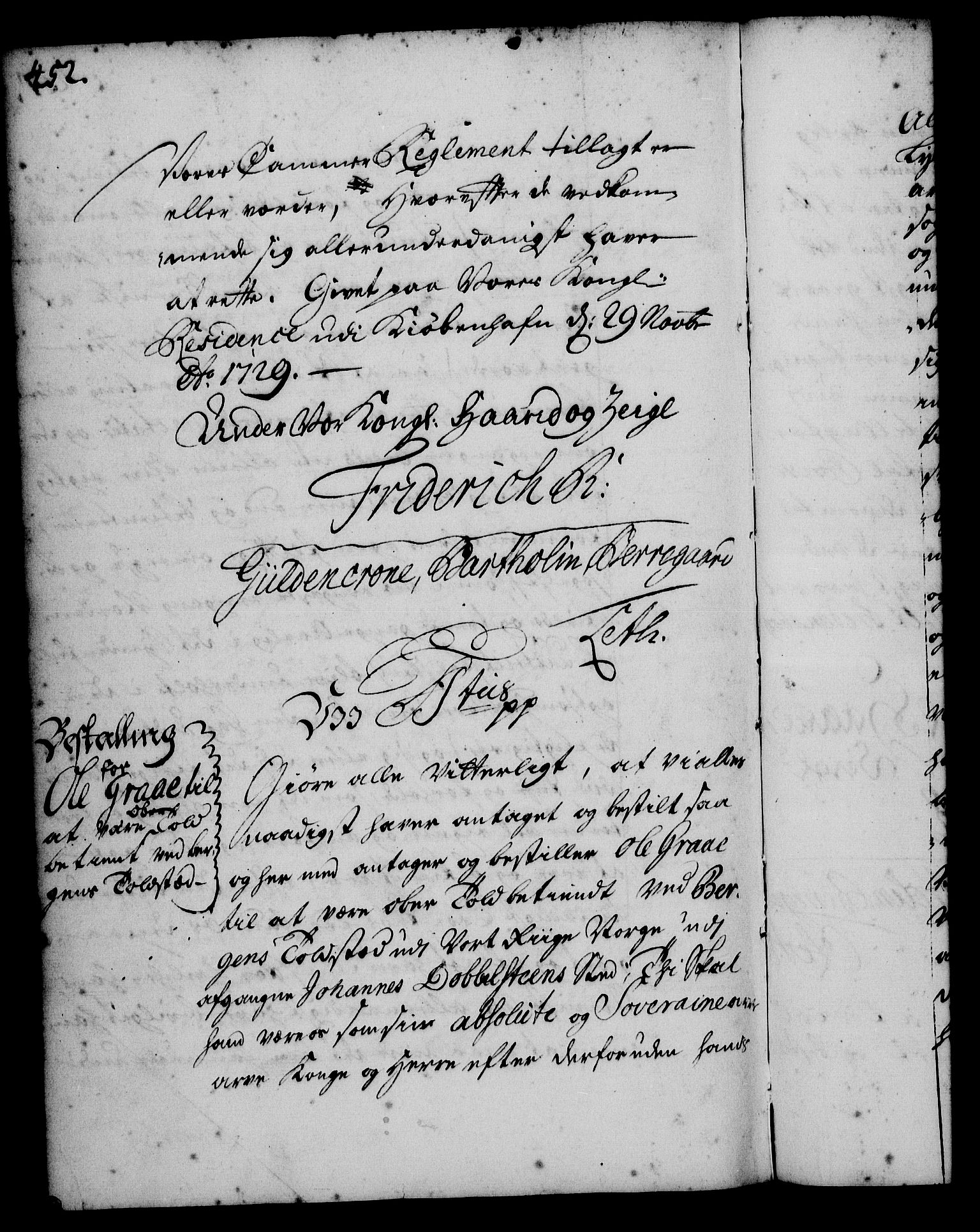 Rentekammeret, Kammerkanselliet, RA/EA-3111/G/Gg/Gge/L0001: Norsk bestallingsprotokoll med register (merket RK 53.25), 1720-1730, s. 452