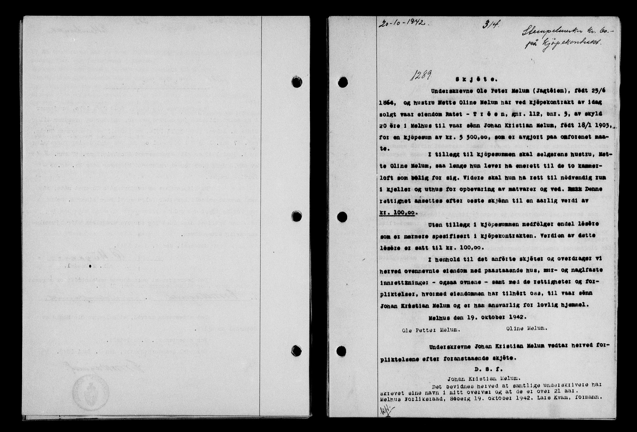 Gauldal sorenskriveri, SAT/A-0014/1/2/2C/L0055: Pantebok nr. 60, 1942-1942, Dagboknr: 1289/1942