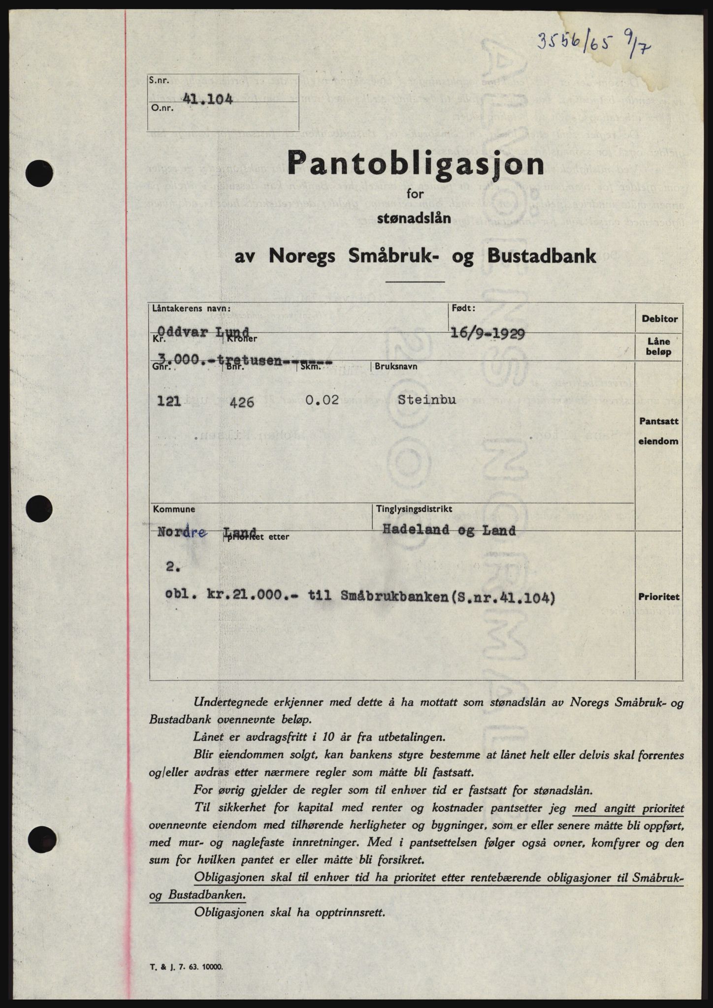 Hadeland og Land tingrett, SAH/TING-010/H/Hb/Hbc/L0059: Pantebok nr. B59, 1965-1965, Dagboknr: 3556/1965
