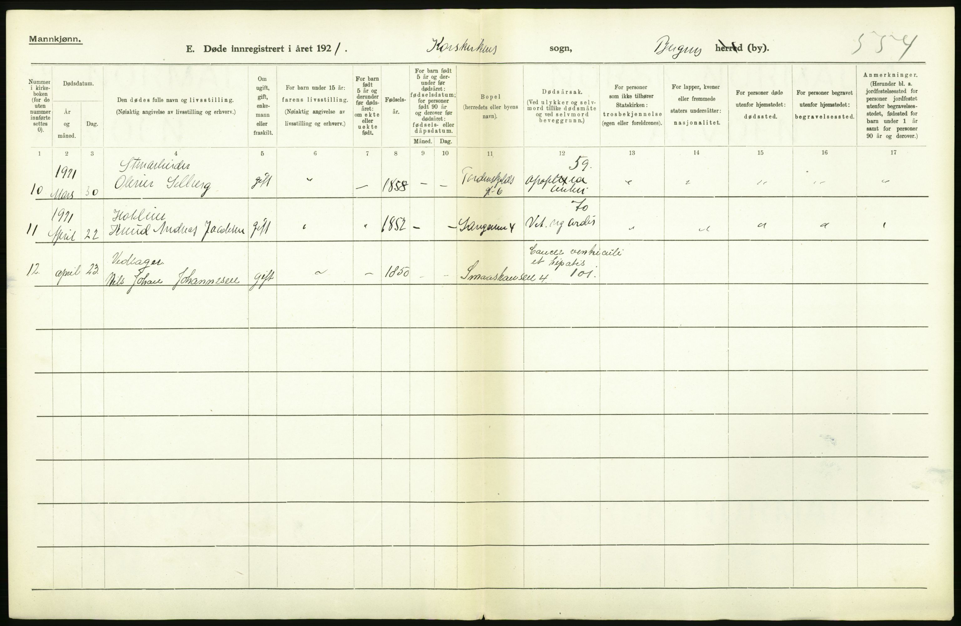 Statistisk sentralbyrå, Sosiodemografiske emner, Befolkning, AV/RA-S-2228/D/Df/Dfc/Dfca/L0036: Bergen: Døde., 1921, s. 28