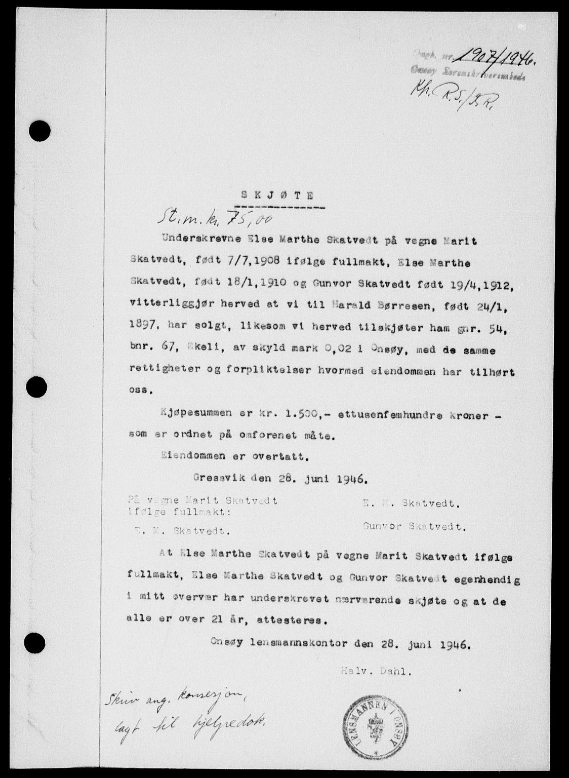 Onsøy sorenskriveri, SAO/A-10474/G/Ga/Gab/L0017: Pantebok nr. II A-17, 1946-1946, Dagboknr: 1907/1946