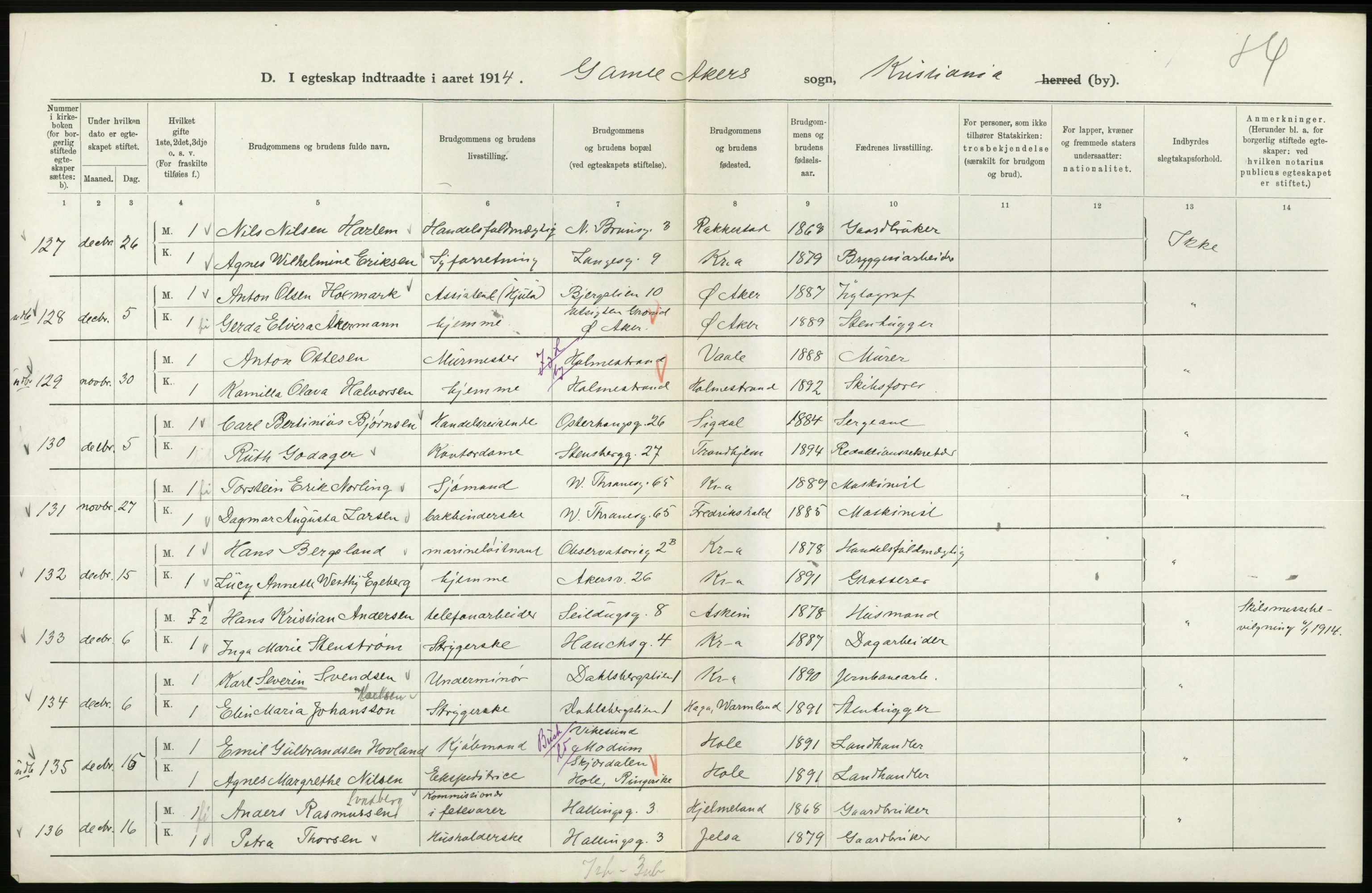 Statistisk sentralbyrå, Sosiodemografiske emner, Befolkning, AV/RA-S-2228/D/Df/Dfb/Dfbd/L0007: Kristiania: Gifte, 1914, s. 336