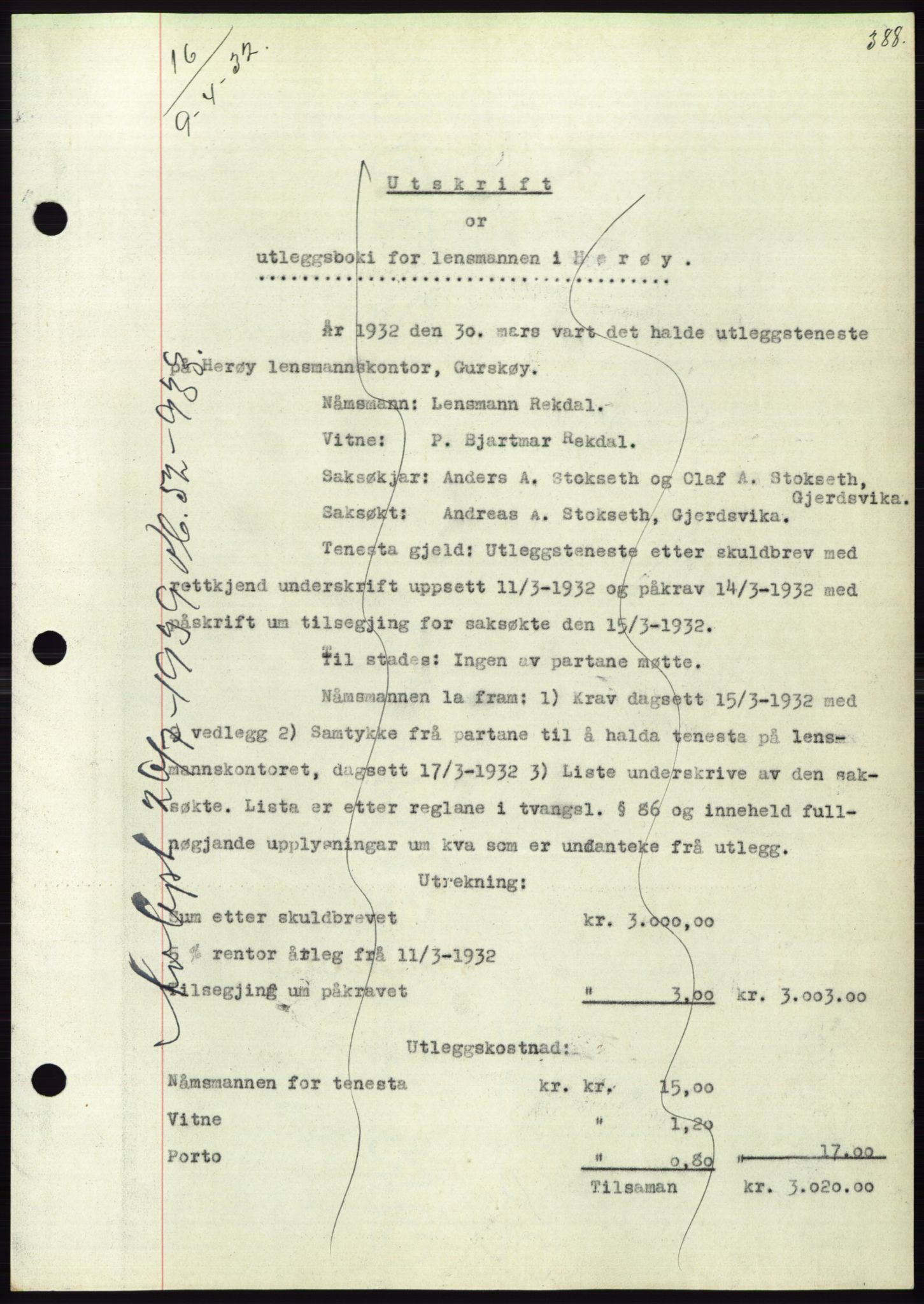 Søre Sunnmøre sorenskriveri, AV/SAT-A-4122/1/2/2C/L0053: Pantebok nr. 47, 1931-1932, Tingl.dato: 09.04.1932