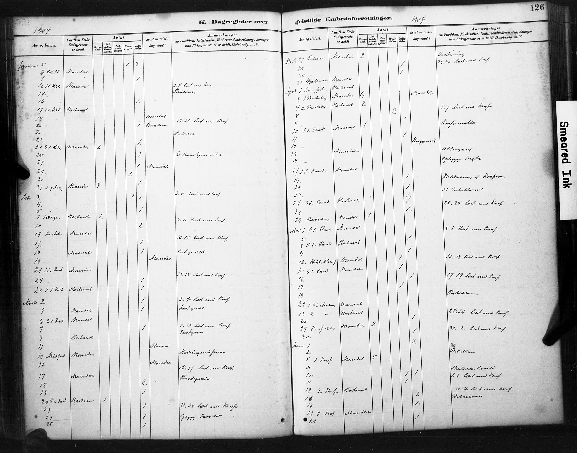 Mandal sokneprestkontor, AV/SAK-1111-0030/F/Fa/Faa/L0017: Ministerialbok nr. A 17, 1880-1926, s. 126