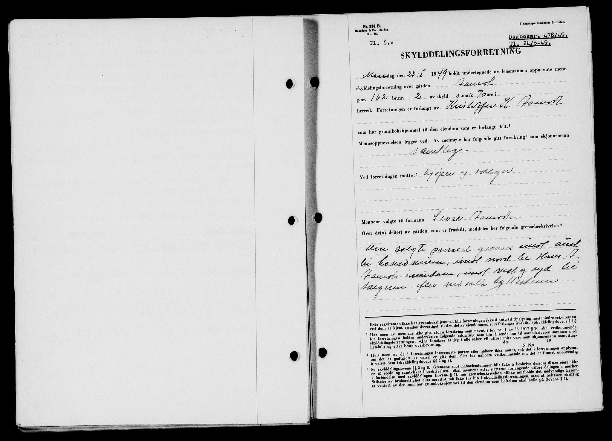 Flekkefjord sorenskriveri, SAK/1221-0001/G/Gb/Gba/L0065: Pantebok nr. A-13, 1949-1949, Dagboknr: 478/1949