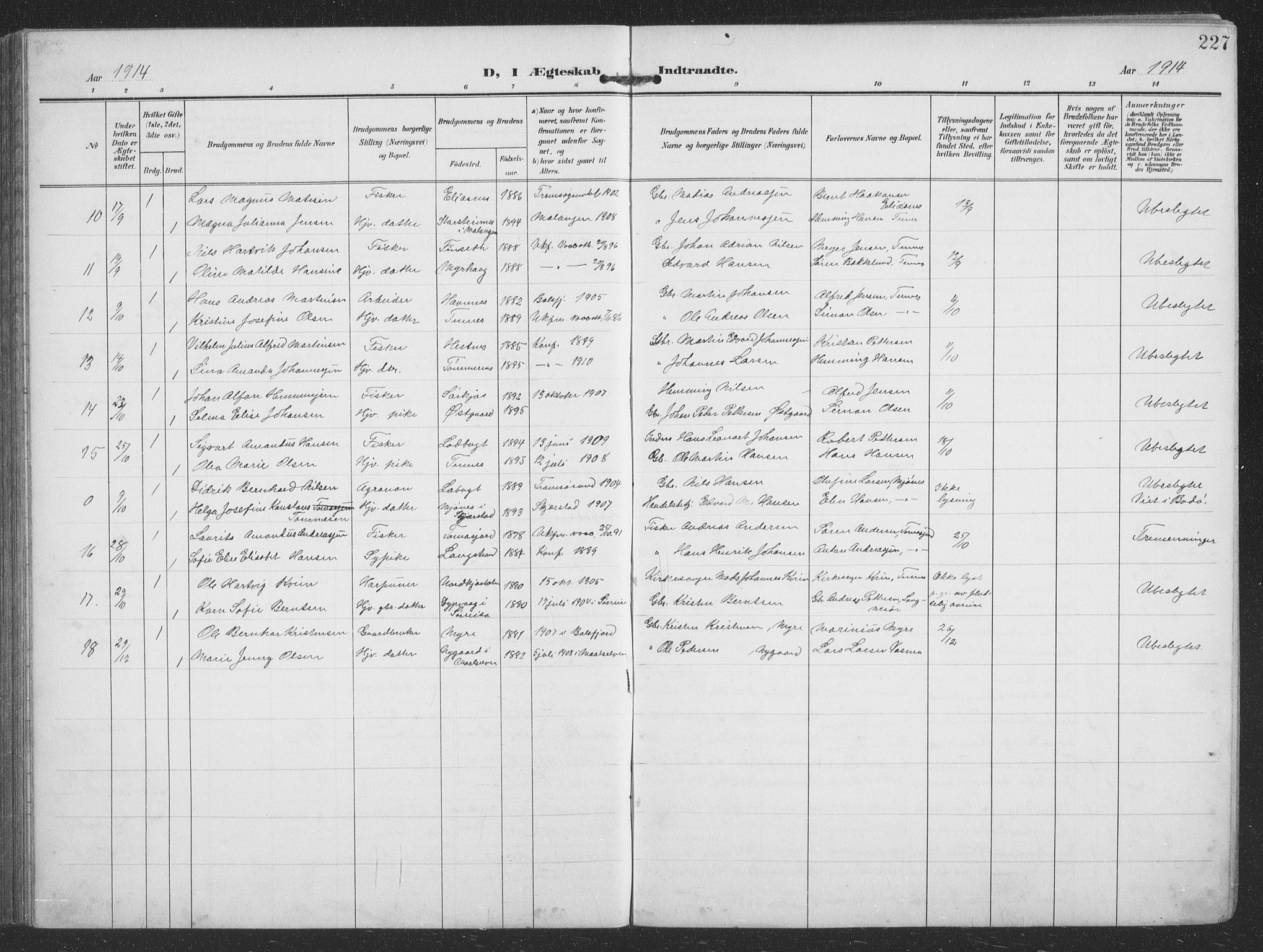 Balsfjord sokneprestembete, AV/SATØ-S-1303/G/Ga/L0009klokker: Klokkerbok nr. 9, 1906-1920, s. 227