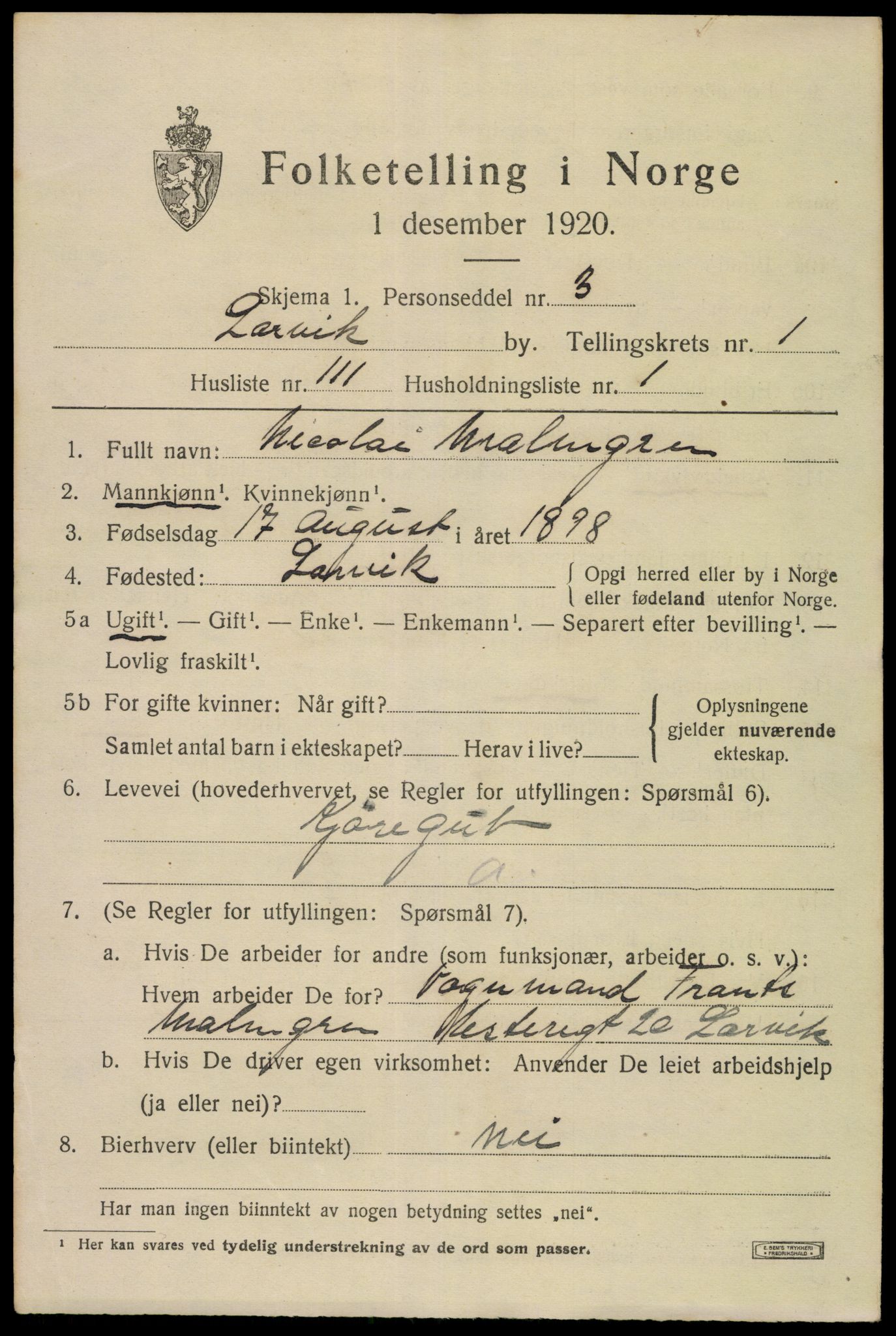 SAKO, Folketelling 1920 for 0707 Larvik kjøpstad, 1920, s. 10314