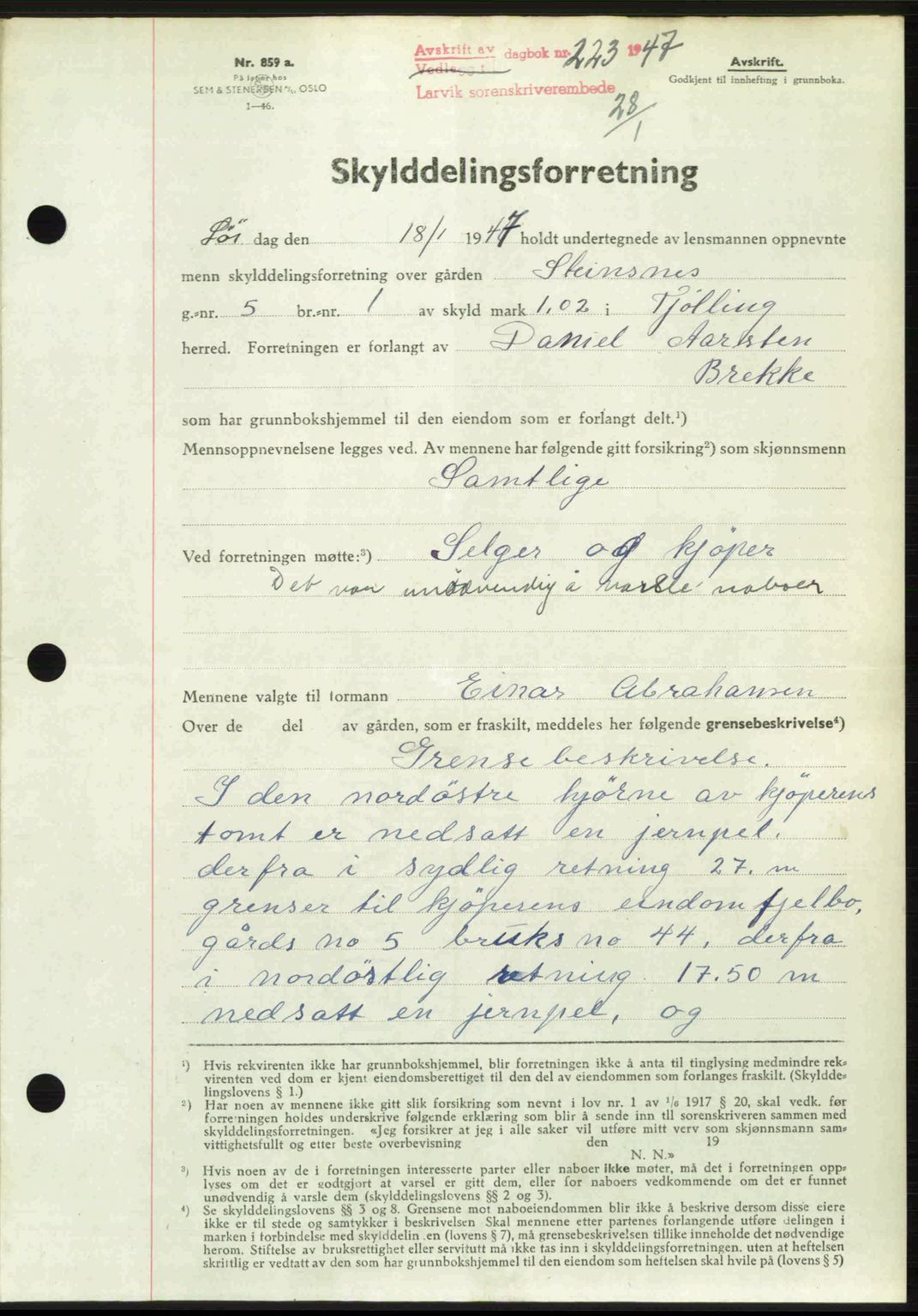 Larvik sorenskriveri, SAKO/A-83/G/Ga/Gab/L0083: Pantebok nr. A-17, 1946-1947, Dagboknr: 223/1947