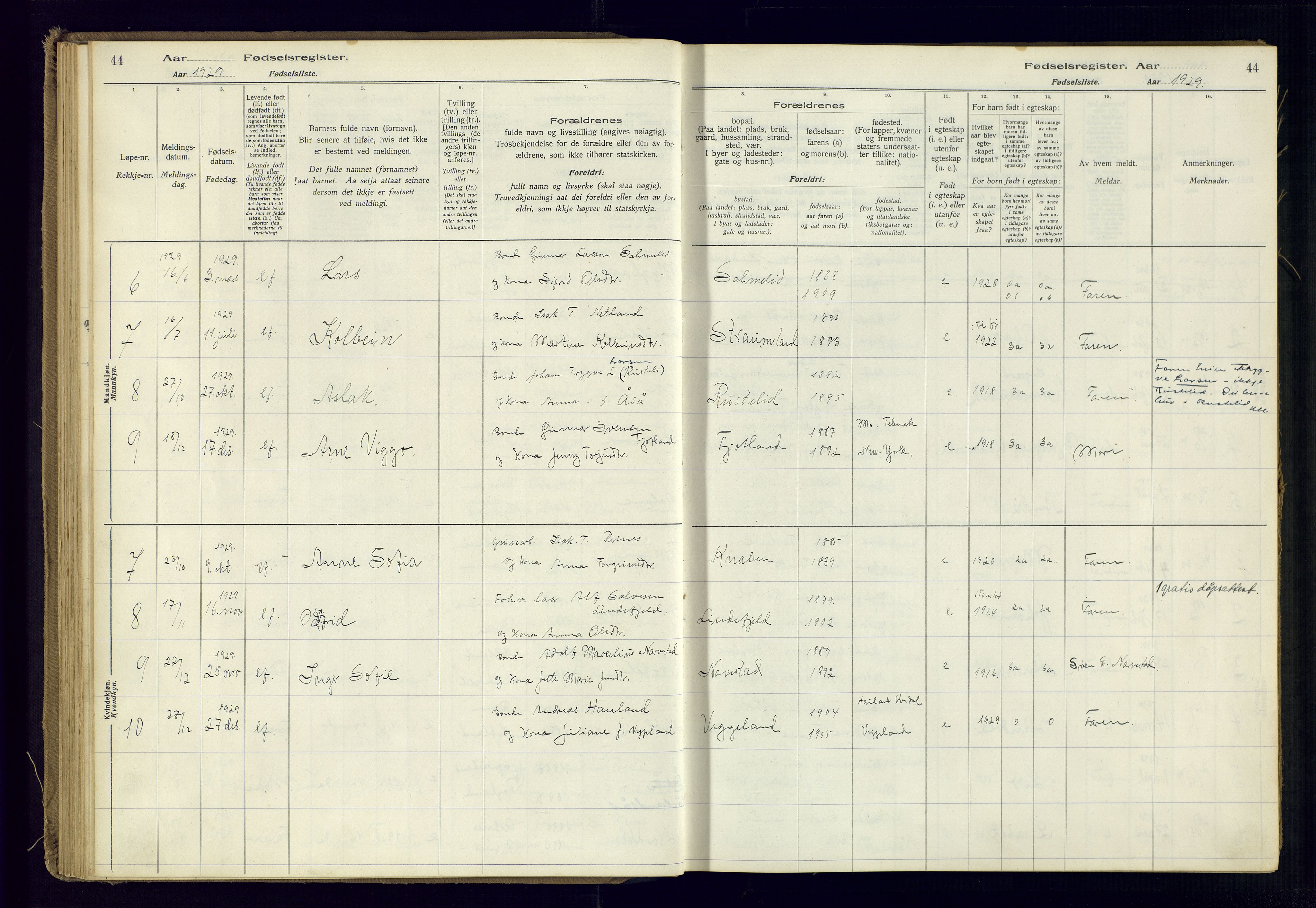 Fjotland sokneprestkontor, AV/SAK-1111-0010/J/Ja/L0001: Fødselsregister nr. 1, 1916-1981, s. 44