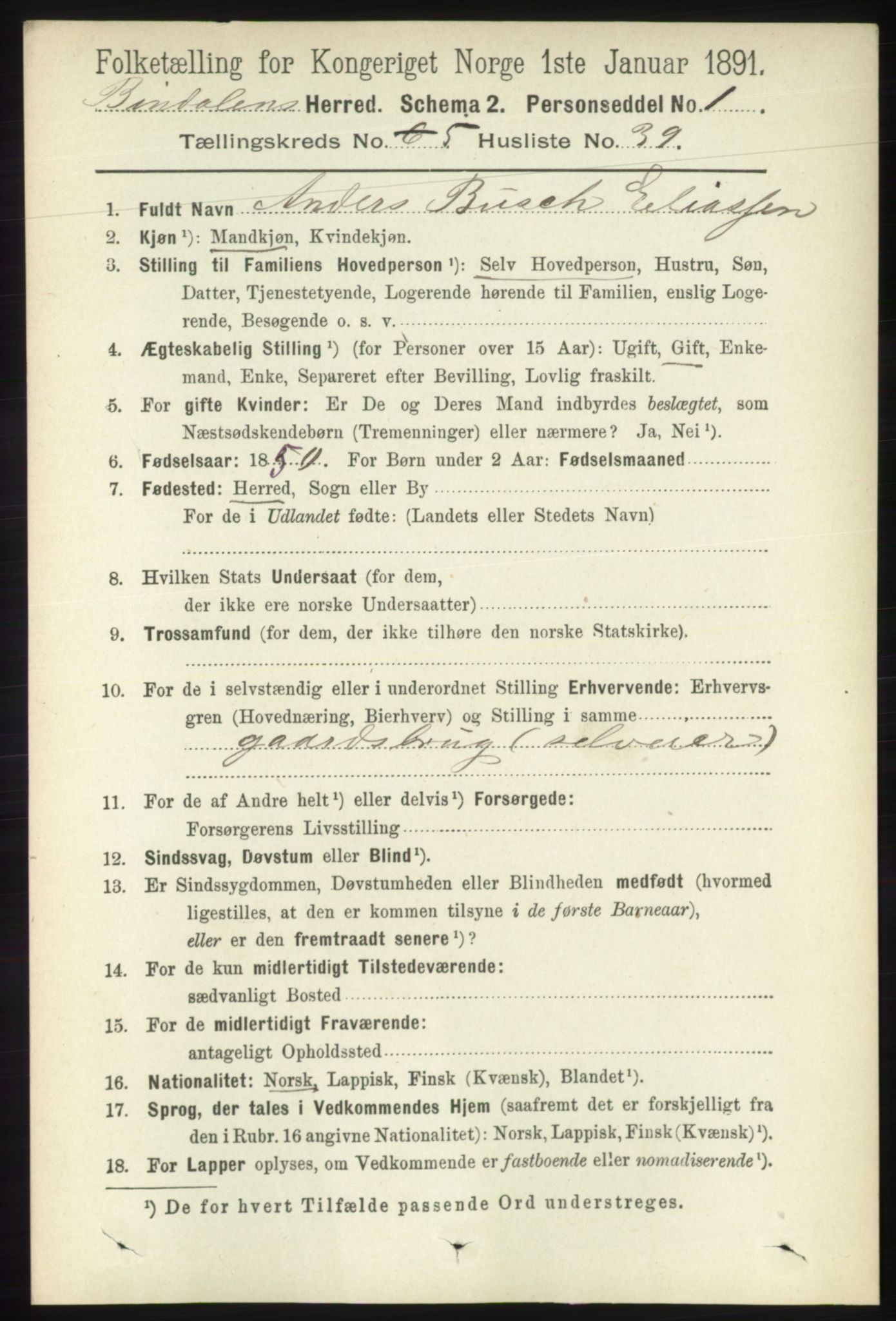 RA, Folketelling 1891 for 1811 Bindal herred, 1891, s. 1424