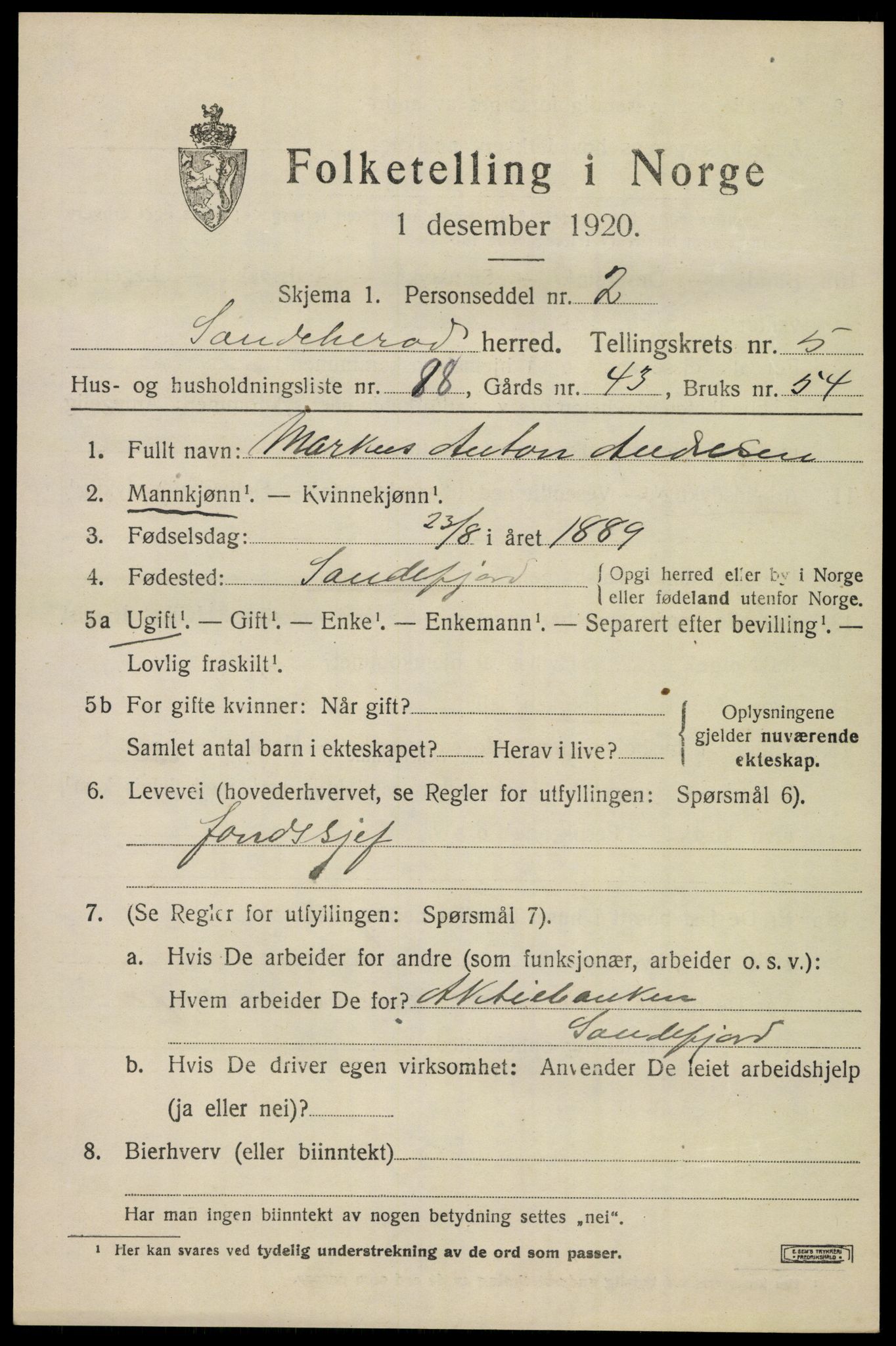 SAKO, Folketelling 1920 for 0724 Sandeherred herred, 1920, s. 9242