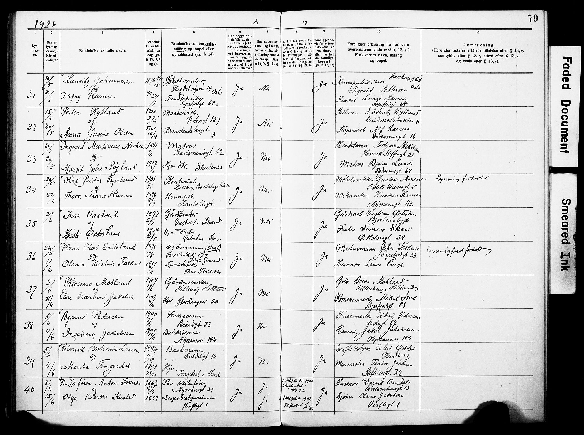 St. Johannes sokneprestkontor, AV/SAST-A-101814/001/70/705BA/L0004: Lysningsprotokoll nr. 4, 1919-1928, s. 79