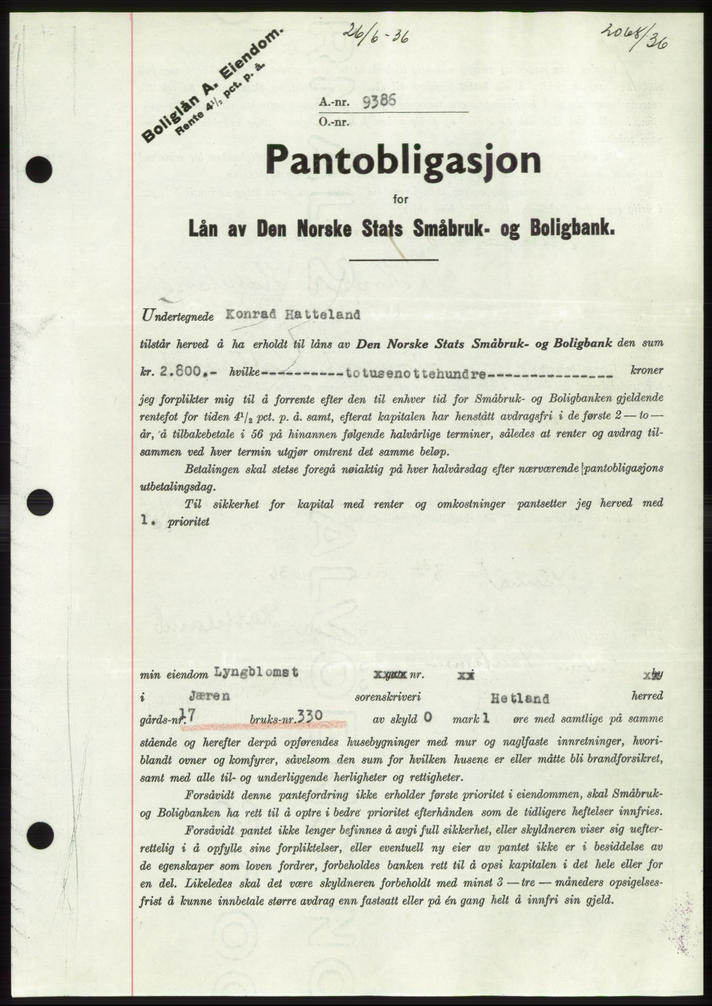 Jæren sorenskriveri, SAST/A-100310/03/G/Gba/L0065: Pantebok nr. 71, 1936-1936, Dagboknr: 2068/1936