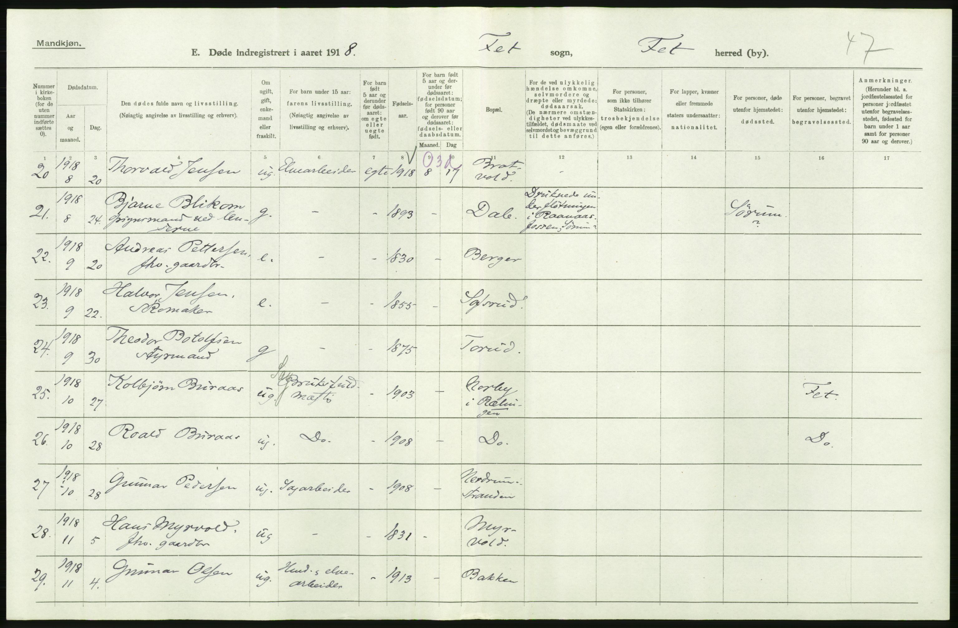 Statistisk sentralbyrå, Sosiodemografiske emner, Befolkning, AV/RA-S-2228/D/Df/Dfb/Dfbh/L0006: Akershus fylke: Døde. Bygder og byer., 1918, s. 222