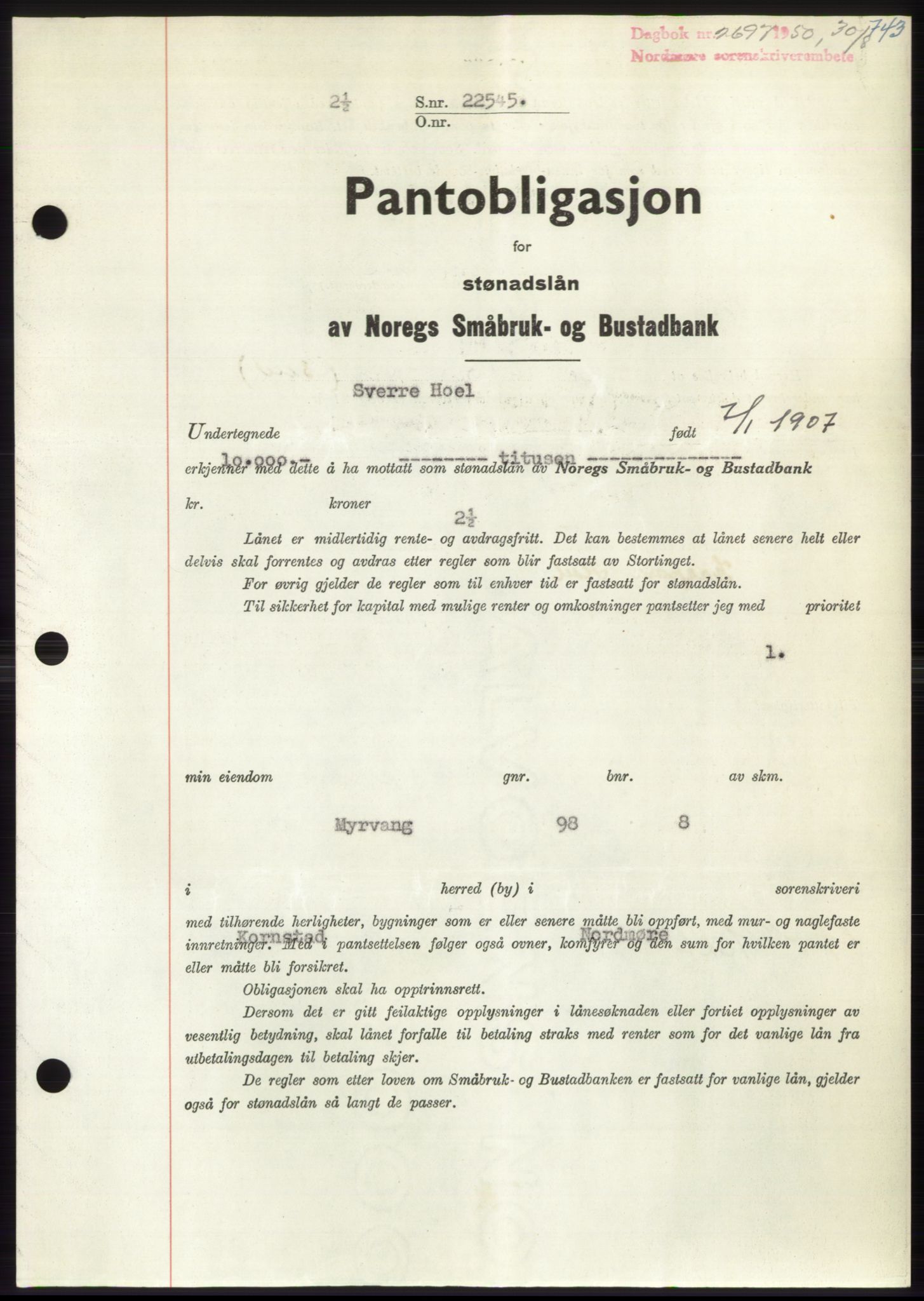 Nordmøre sorenskriveri, AV/SAT-A-4132/1/2/2Ca: Pantebok nr. B105, 1950-1950, Dagboknr: 2697/1950