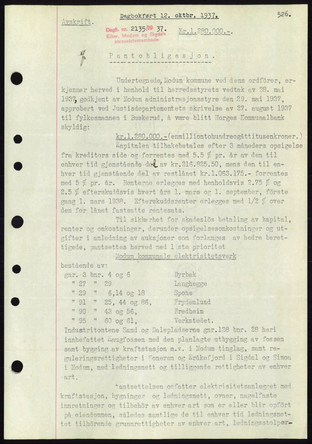 Eiker, Modum og Sigdal sorenskriveri, SAKO/A-123/G/Ga/Gab/L0036: Pantebok nr. A6, 1937-1937, Dagboknr: 2135/1937