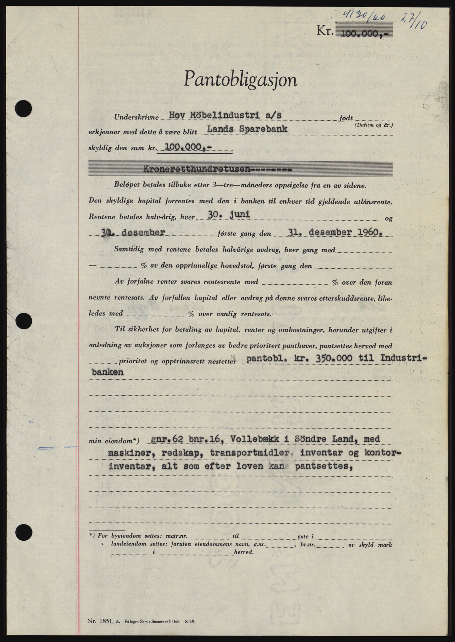 Hadeland og Land tingrett, SAH/TING-010/H/Hb/Hbc/L0044: Pantebok nr. B44, 1960-1961, Dagboknr: 4130/1960