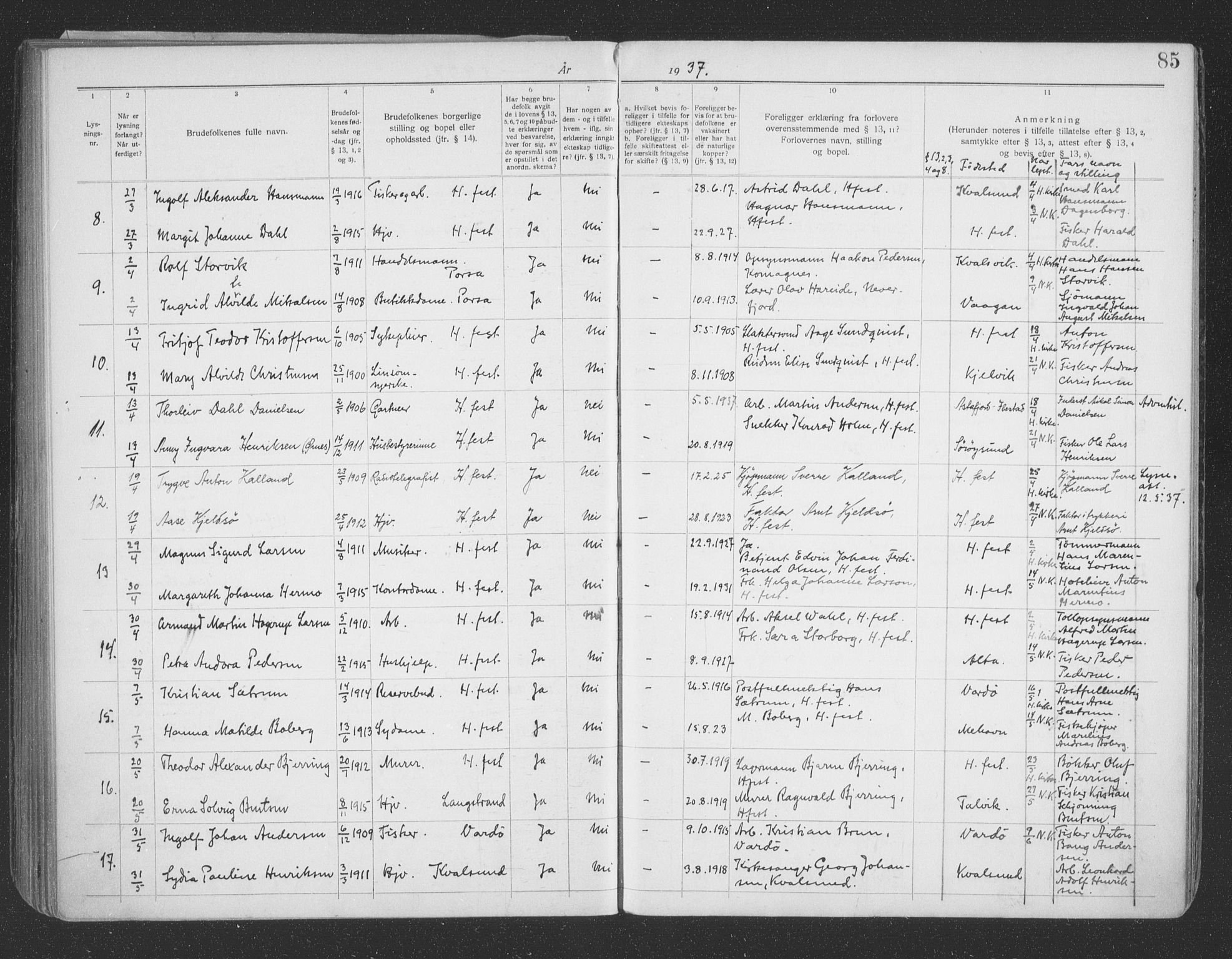 Hammerfest sokneprestkontor, SATØ/S-1347/I/Ib/L0073: Lysningsprotokoll nr. 73, 1921-1939, s. 85