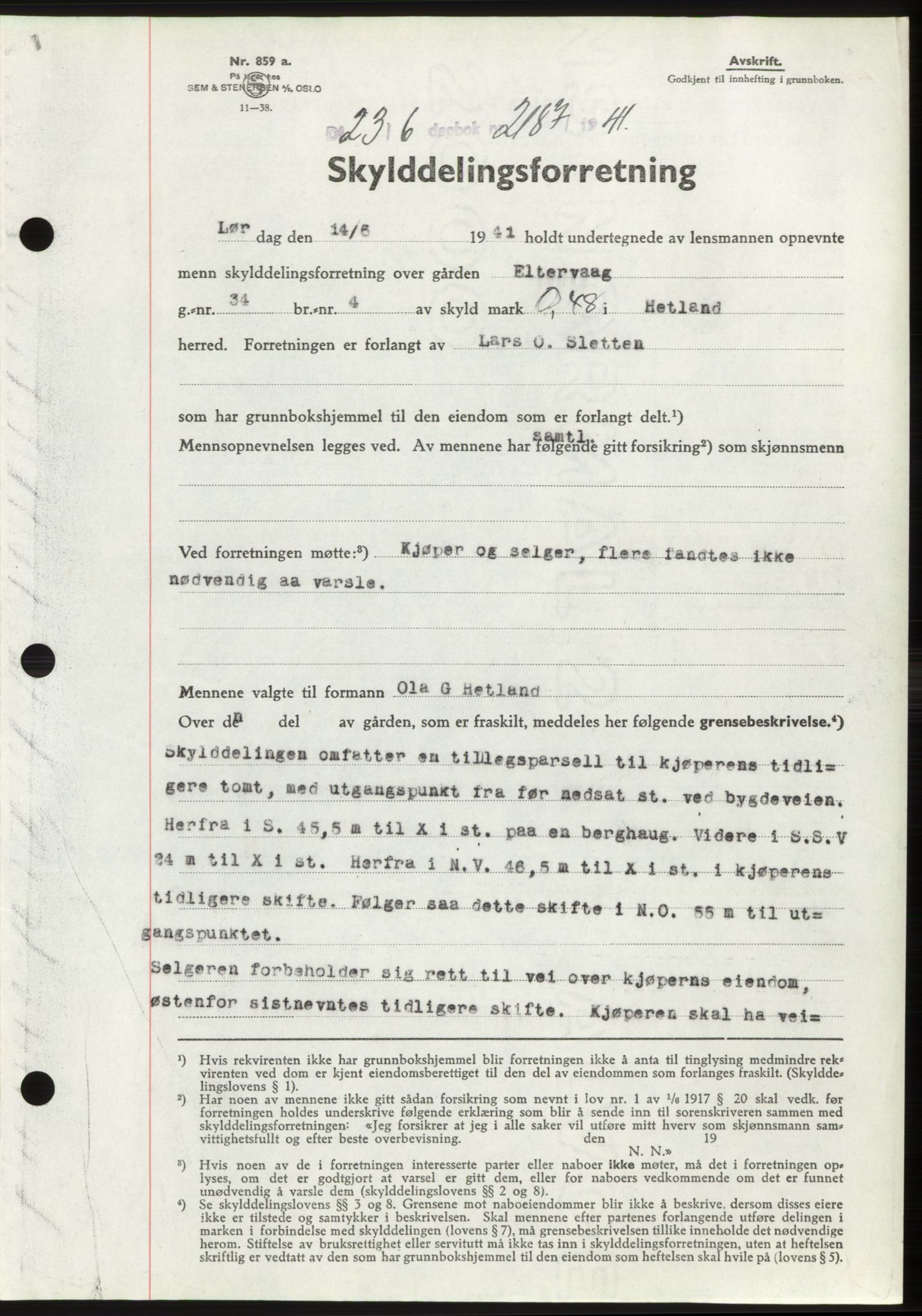 Jæren sorenskriveri, SAST/A-100310/03/G/Gba/L0080: Pantebok, 1941-1941, Dagboknr: 2187/1941