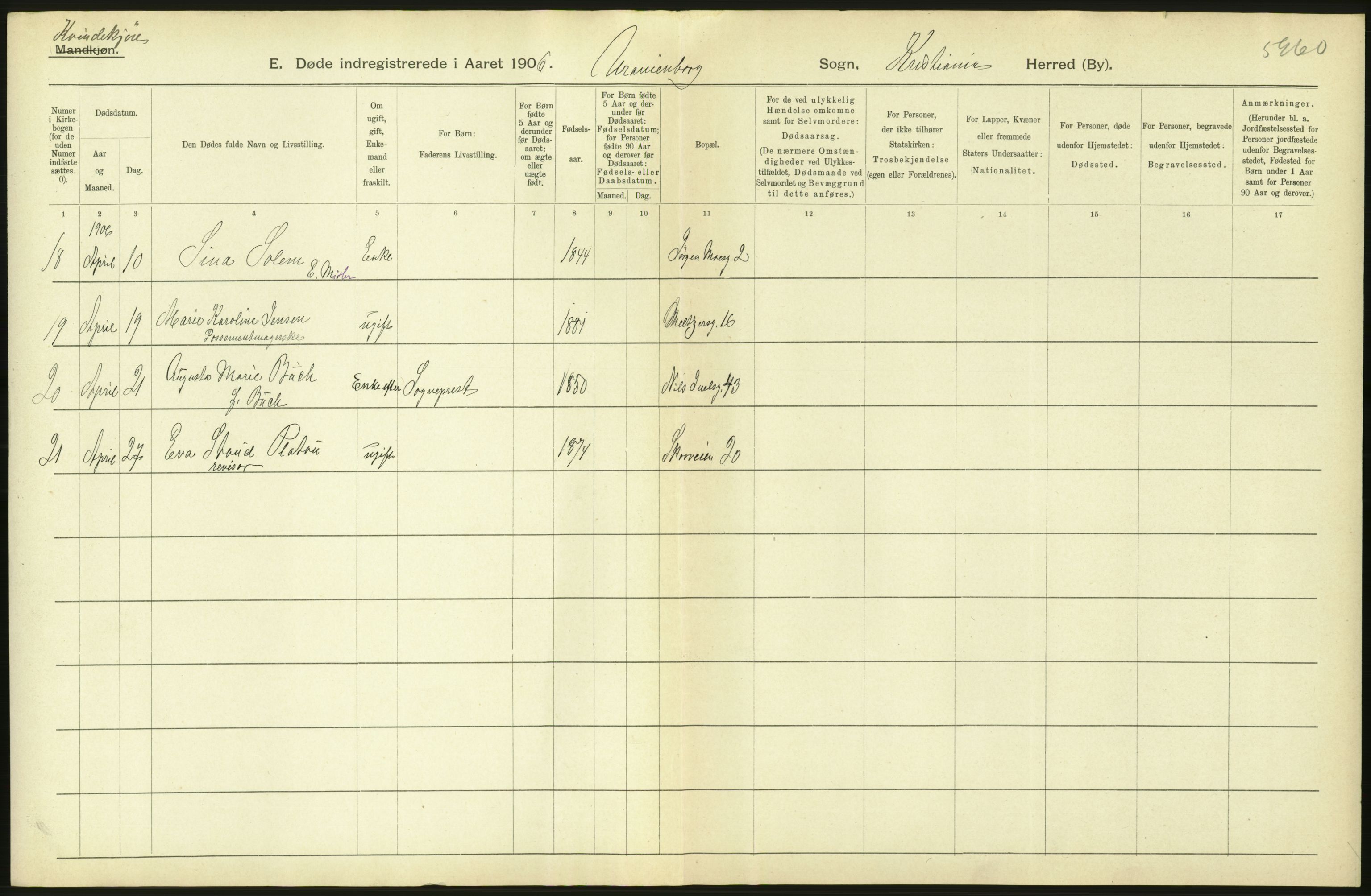 Statistisk sentralbyrå, Sosiodemografiske emner, Befolkning, AV/RA-S-2228/D/Df/Dfa/Dfad/L0009: Kristiania: Døde, 1906, s. 498