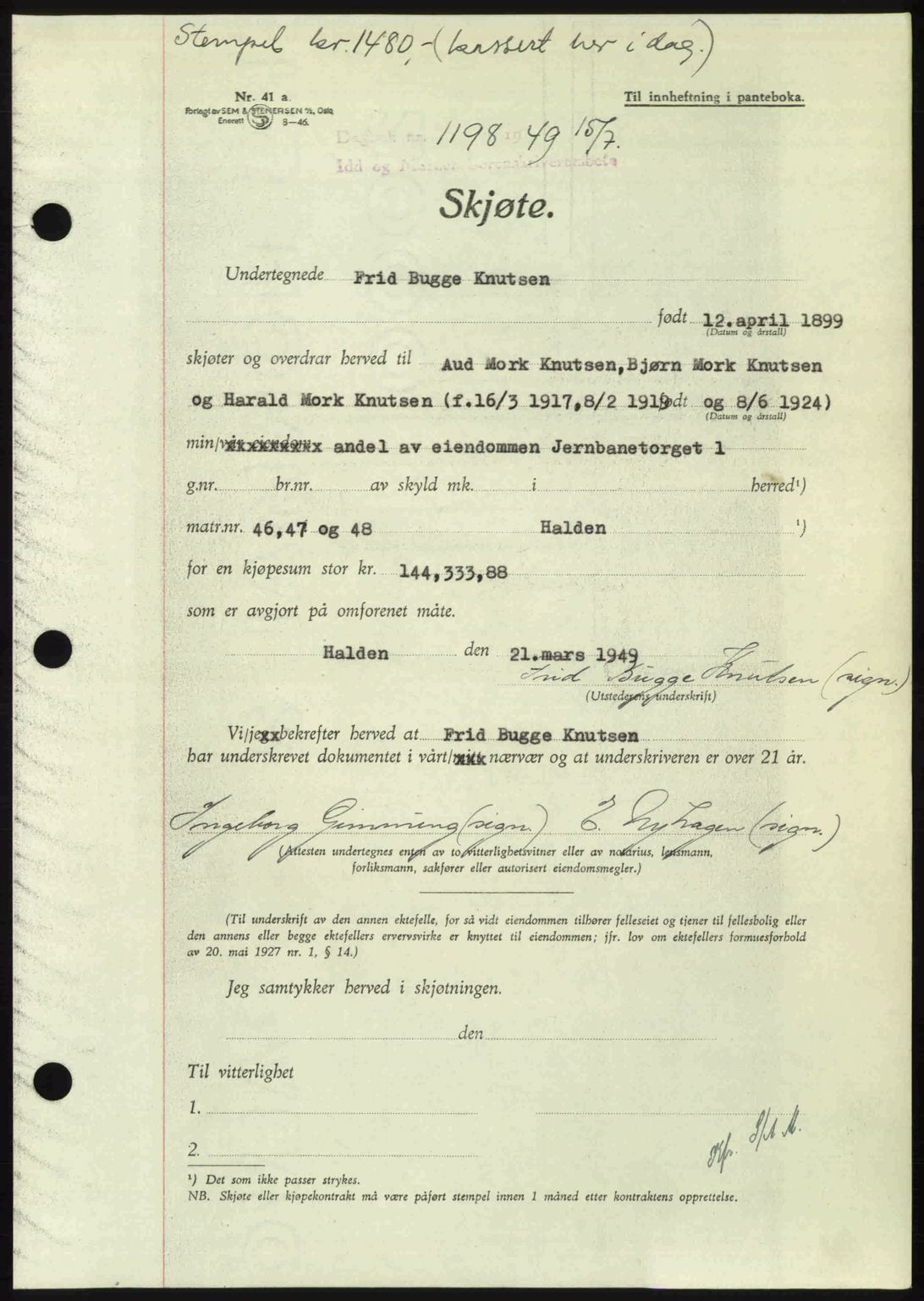 Idd og Marker sorenskriveri, SAO/A-10283/G/Gb/Gbb/L0012: Pantebok nr. A12, 1949-1949, Dagboknr: 1198/1949