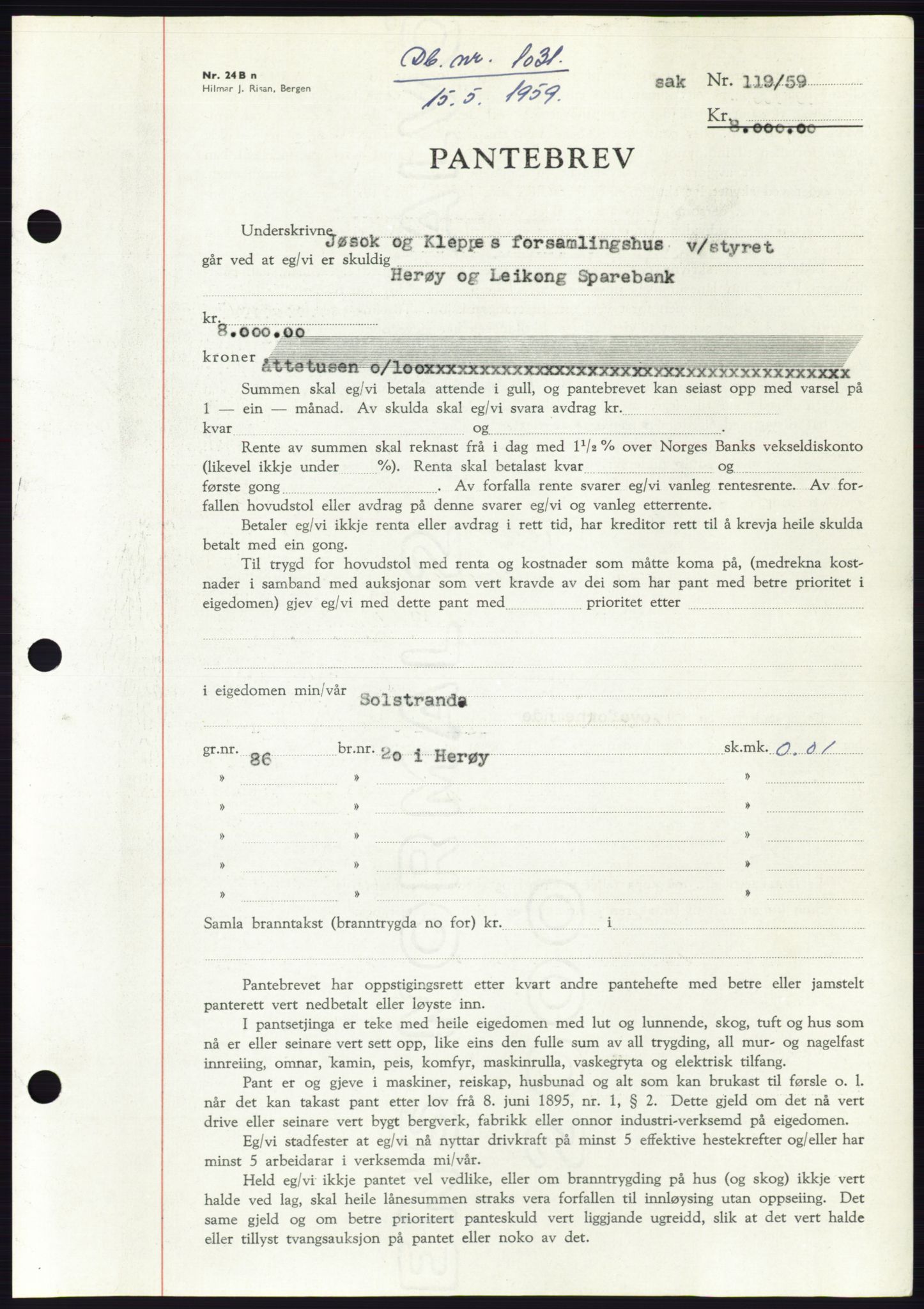 Søre Sunnmøre sorenskriveri, SAT/A-4122/1/2/2C/L0133: Pantebok nr. 21B, 1959-1959, Dagboknr: 1031/1959