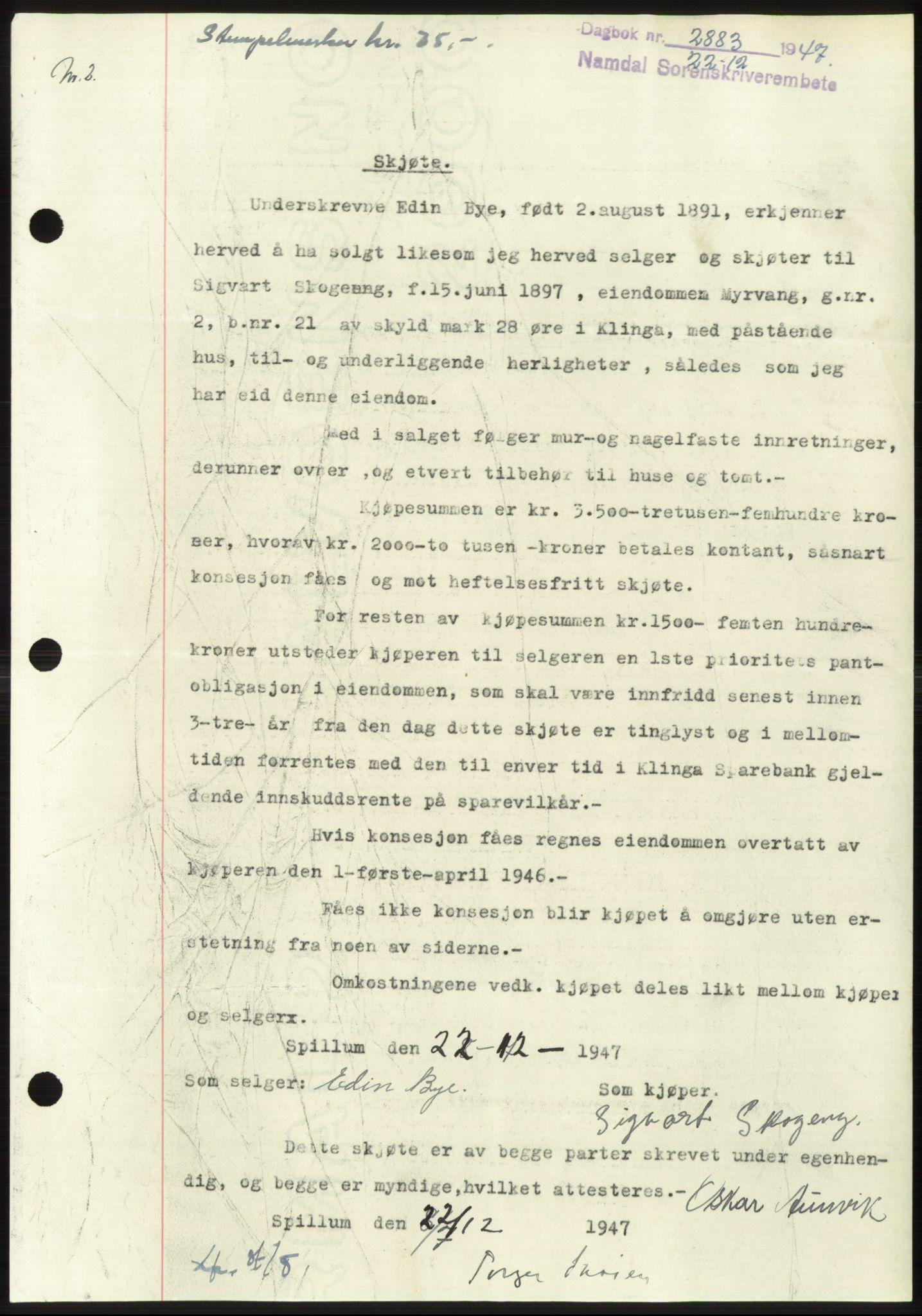 Namdal sorenskriveri, SAT/A-4133/1/2/2C: Pantebok nr. -, 1947-1948, Dagboknr: 2883/1947