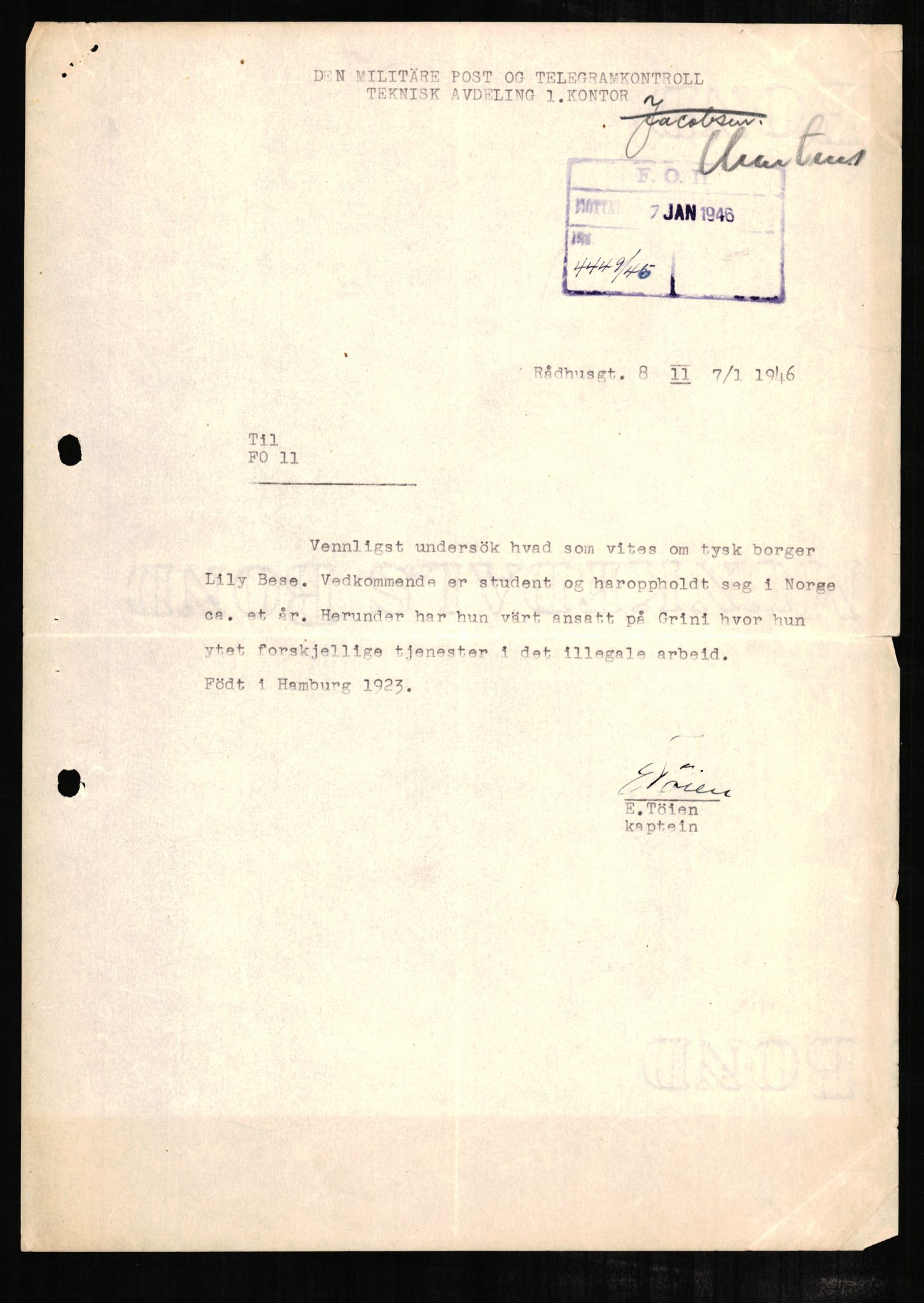 Forsvaret, Forsvarets overkommando II, RA/RAFA-3915/D/Db/L0002: CI Questionaires. Tyske okkupasjonsstyrker i Norge. Tyskere., 1945-1946, s. 420