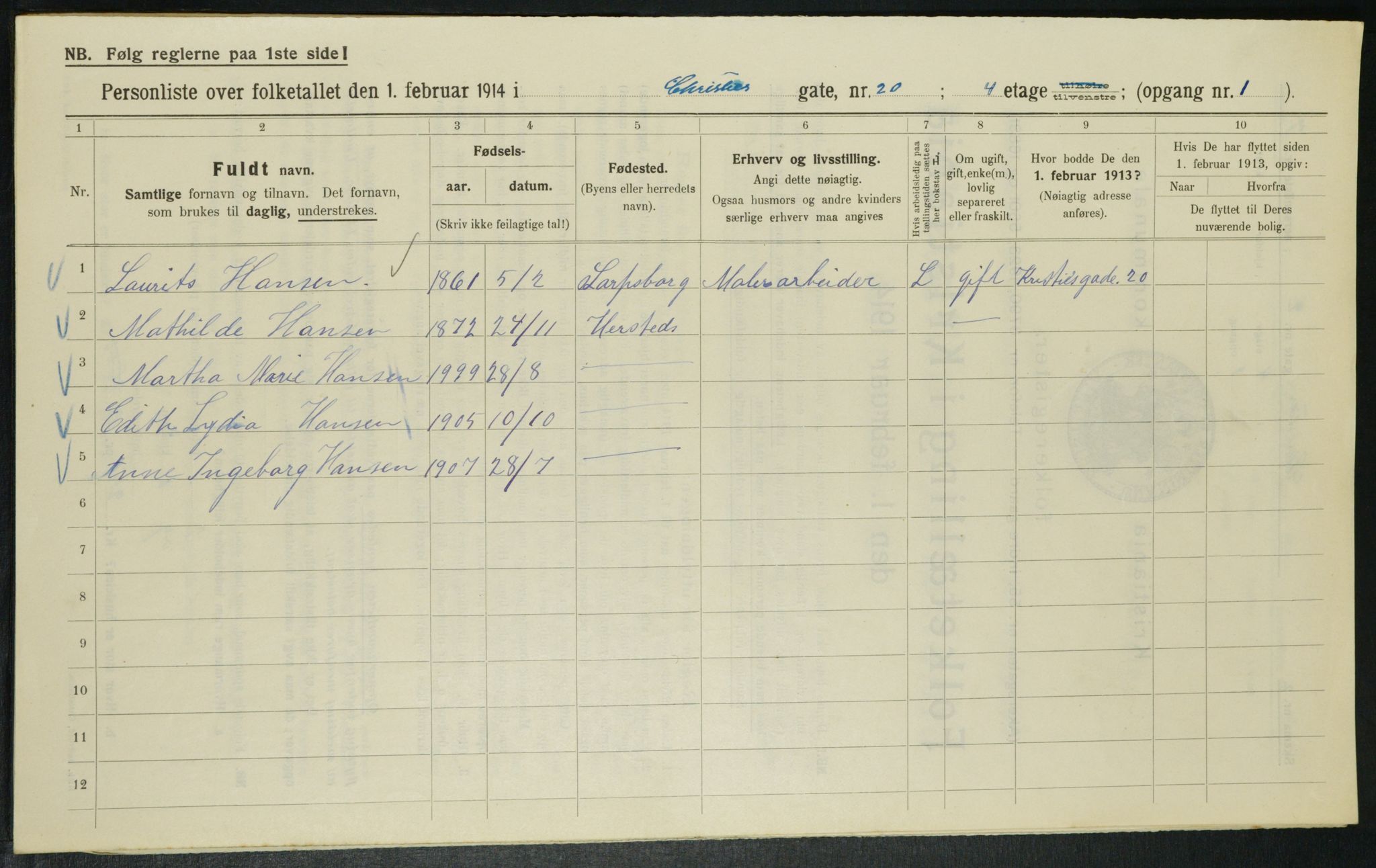 OBA, Kommunal folketelling 1.2.1914 for Kristiania, 1914, s. 12486