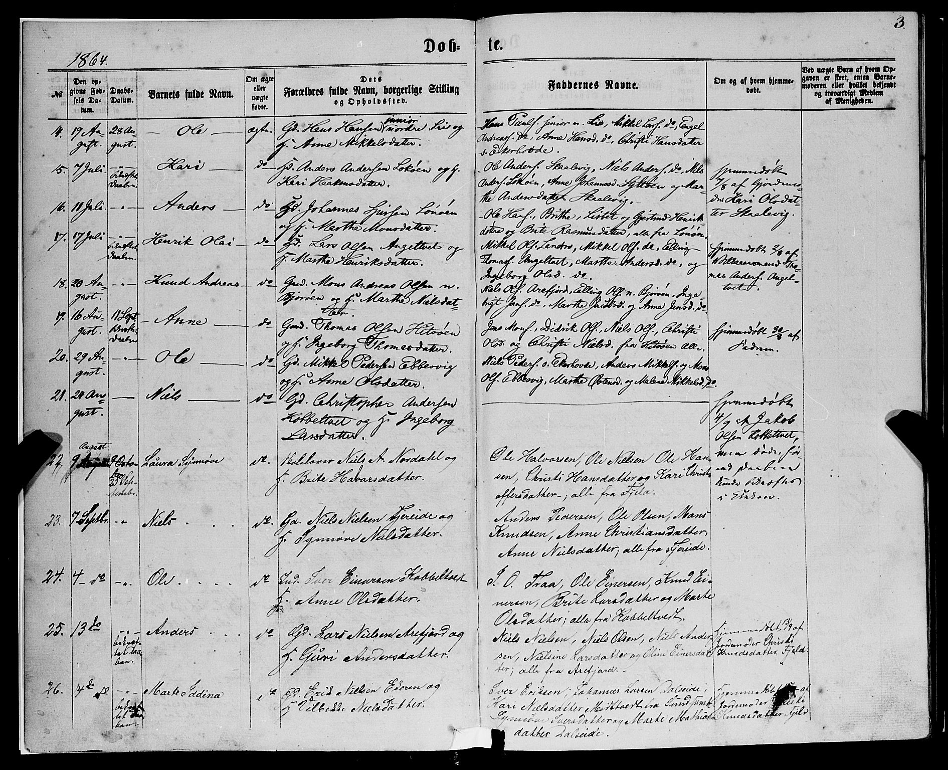 Fjell sokneprestembete, AV/SAB-A-75301/H/Haa: Ministerialbok nr. A 3, 1864-1877, s. 3