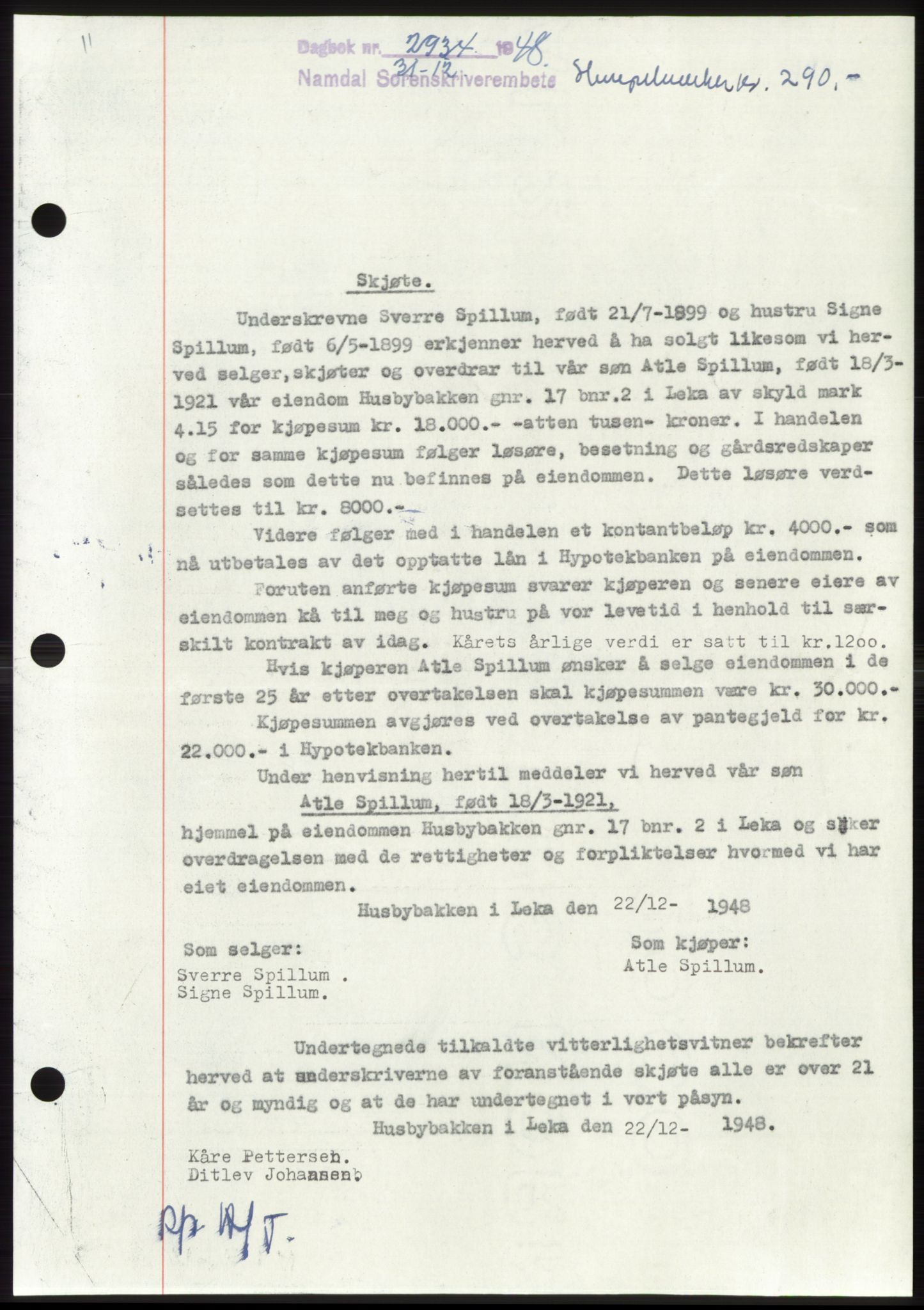 Namdal sorenskriveri, SAT/A-4133/1/2/2C: Pantebok nr. -, 1948-1948, Dagboknr: 2934/1948
