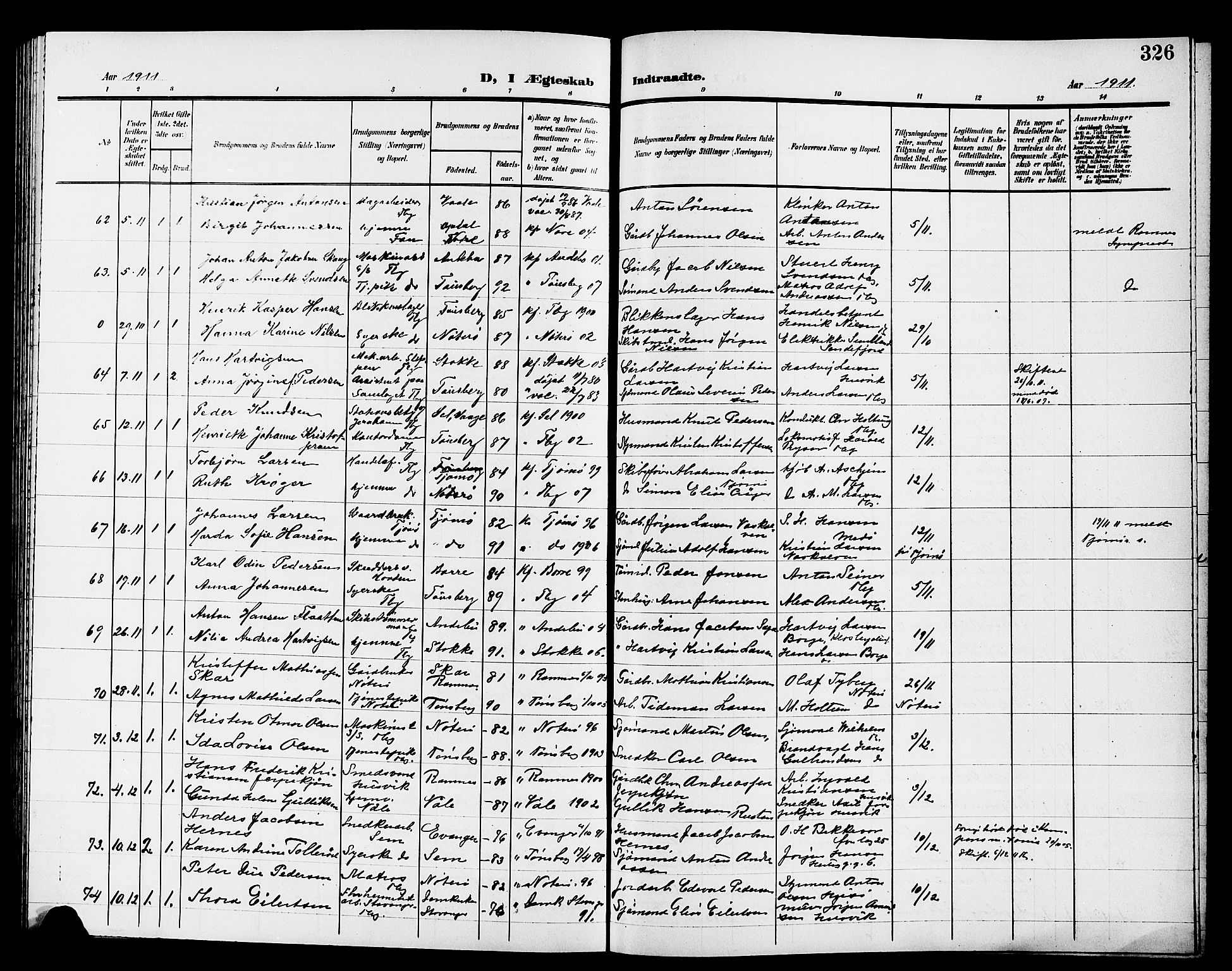 Tønsberg kirkebøker, AV/SAKO-A-330/G/Ga/L0008: Klokkerbok nr. 8, 1905-1912, s. 326