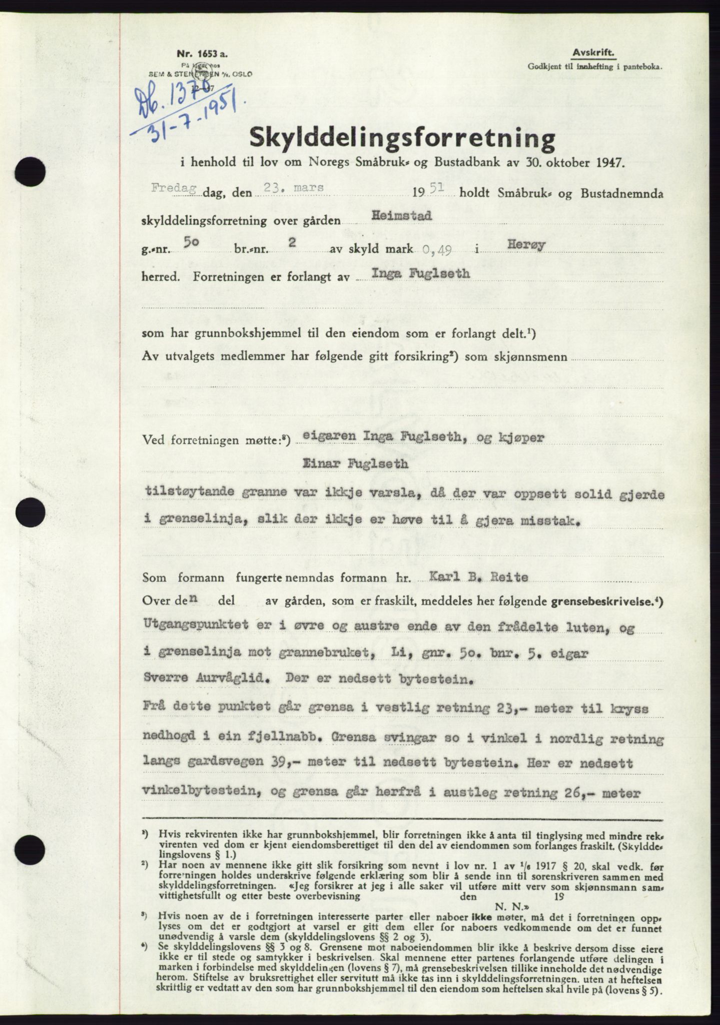 Søre Sunnmøre sorenskriveri, SAT/A-4122/1/2/2C/L0089: Pantebok nr. 15A, 1951-1951, Dagboknr: 1370/1951