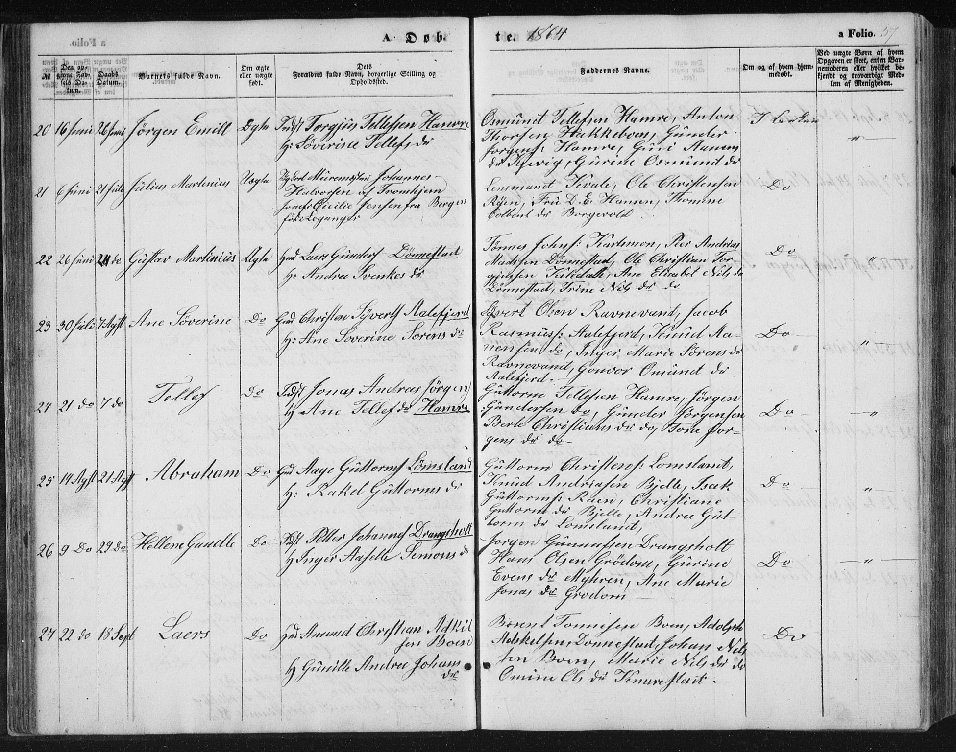Tveit sokneprestkontor, AV/SAK-1111-0043/F/Fb/L0003: Klokkerbok nr. B 3, 1854-1886, s. 57