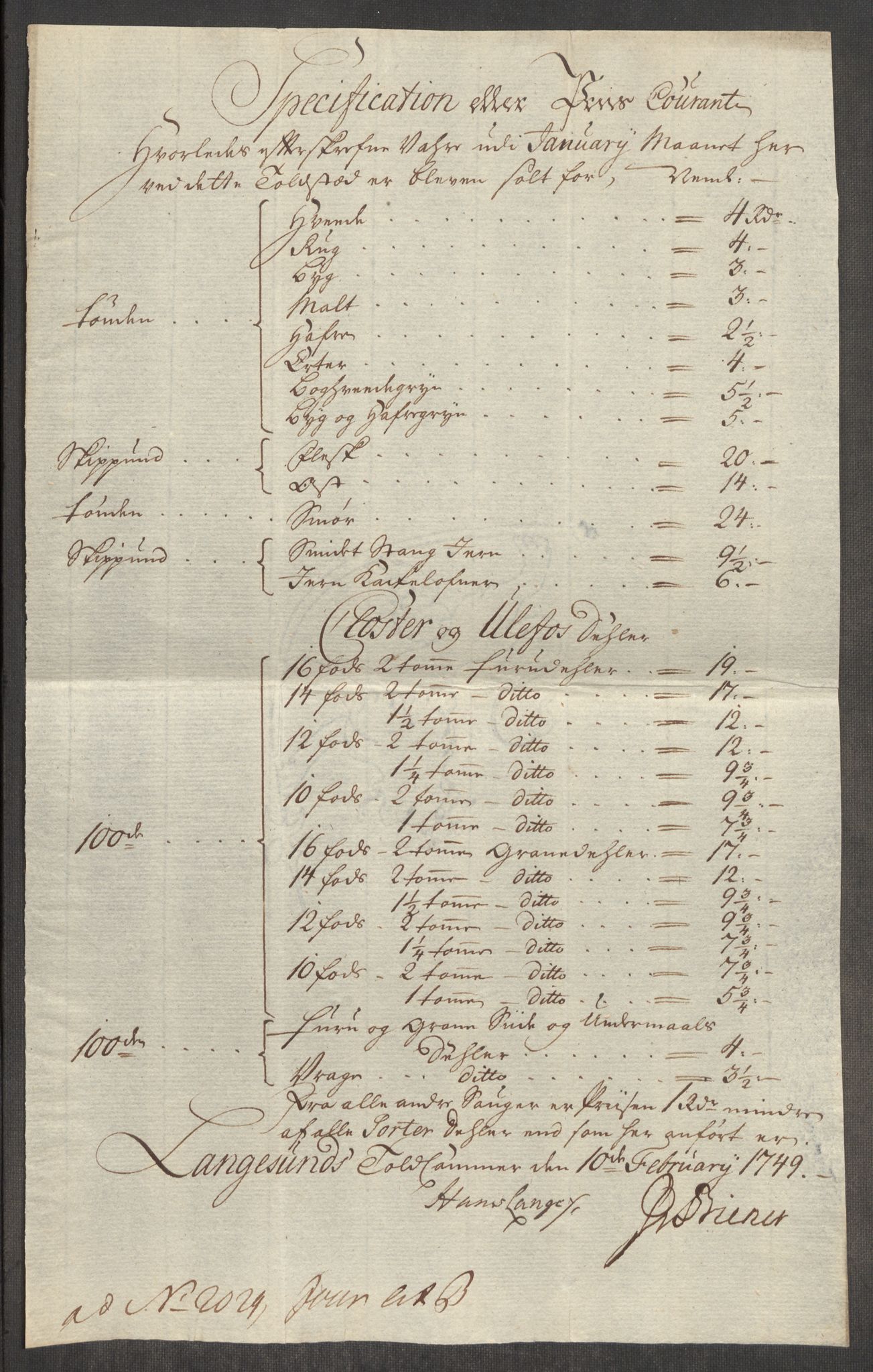RA, Rentekammeret inntil 1814, Realistisk ordnet avdeling, Oe/L0004: [Ø1]: Priskuranter, 1749-1752, s. 105