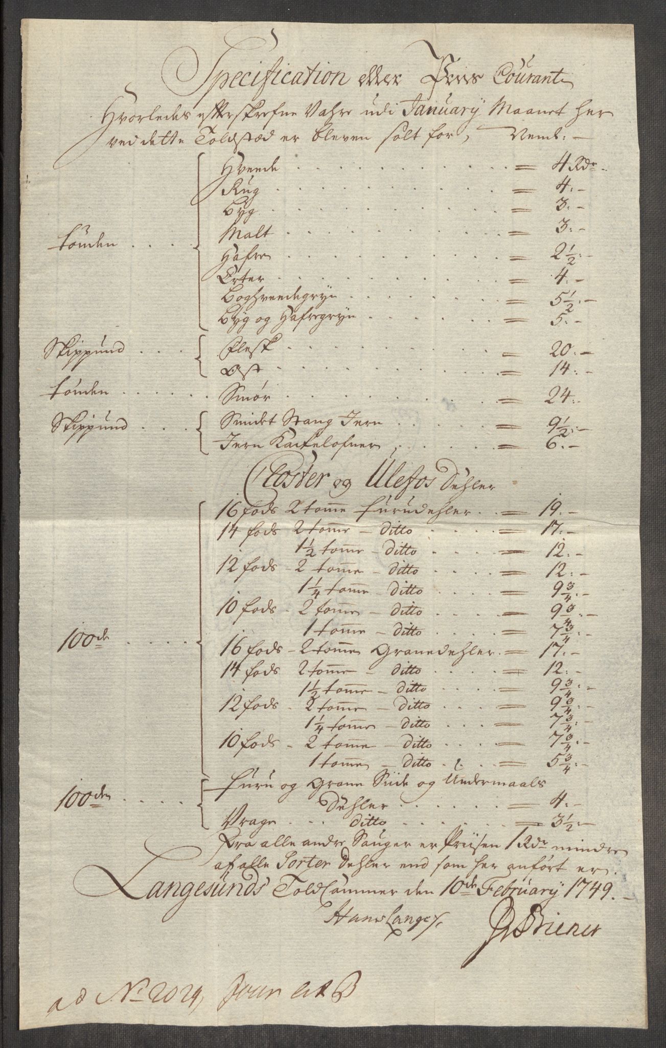 Rentekammeret inntil 1814, Realistisk ordnet avdeling, AV/RA-EA-4070/Oe/L0004: [Ø1]: Priskuranter, 1749-1752, s. 105