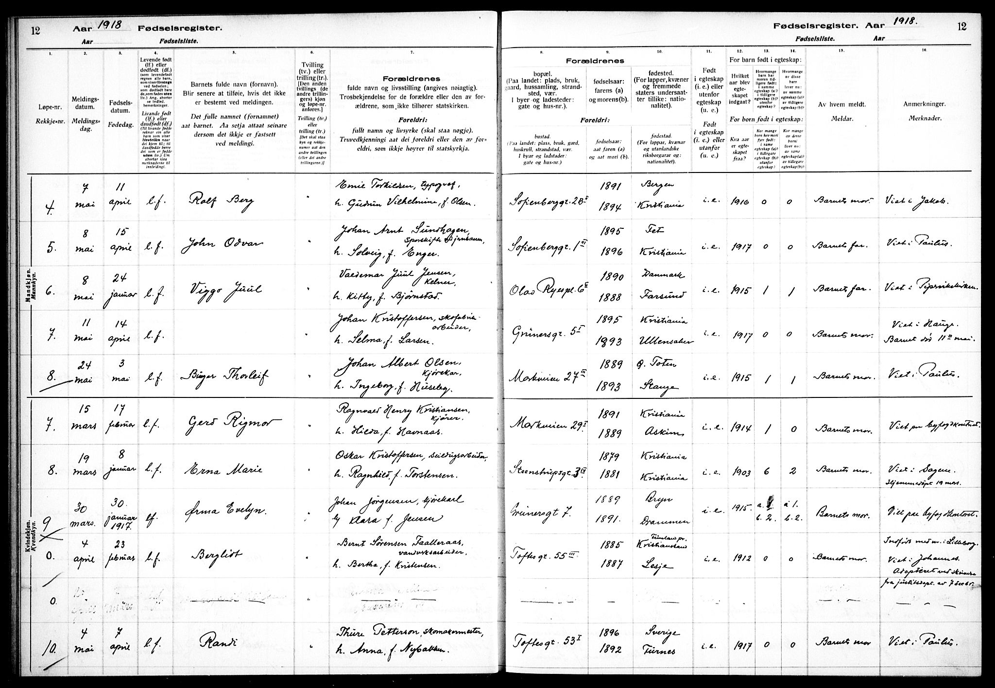 Hauge prestekontor Kirkebøker, AV/SAO-A-10849/J/Ja/L0001: Fødselsregister nr. 1, 1917-1938, s. 12