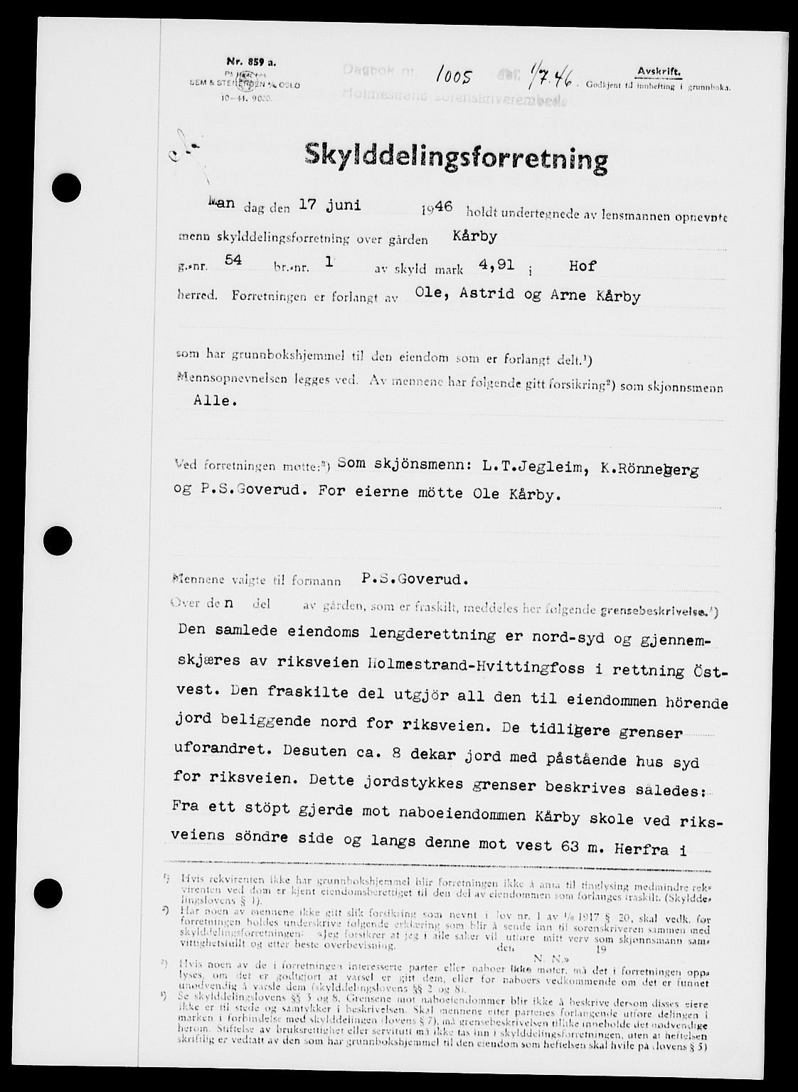 Holmestrand sorenskriveri, SAKO/A-67/G/Ga/Gaa/L0060: Pantebok nr. A-60, 1946-1946, Dagboknr: 1005/1946